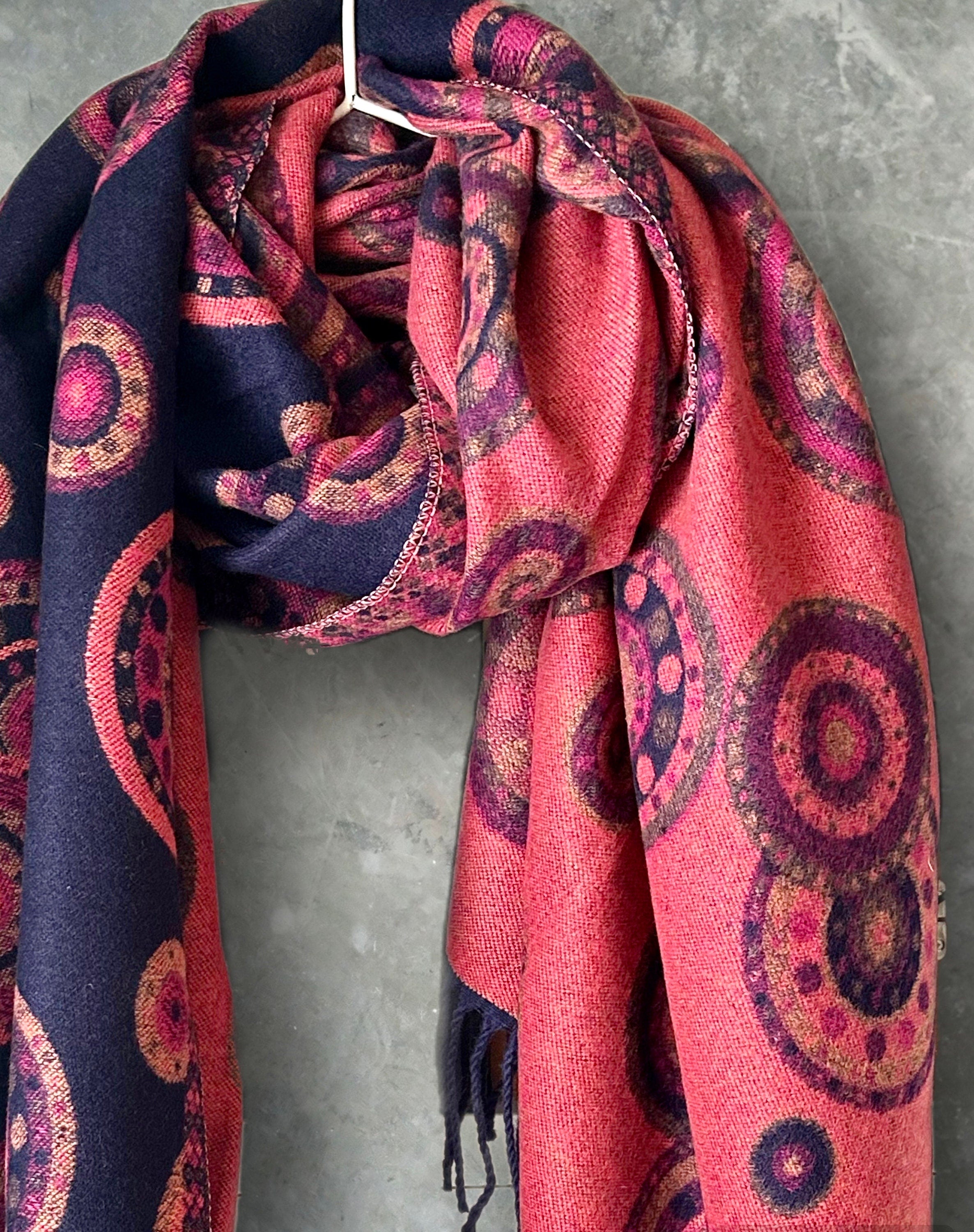 Cashmere Scarf in Bright Pink and Blue with Circular Dots Pattern