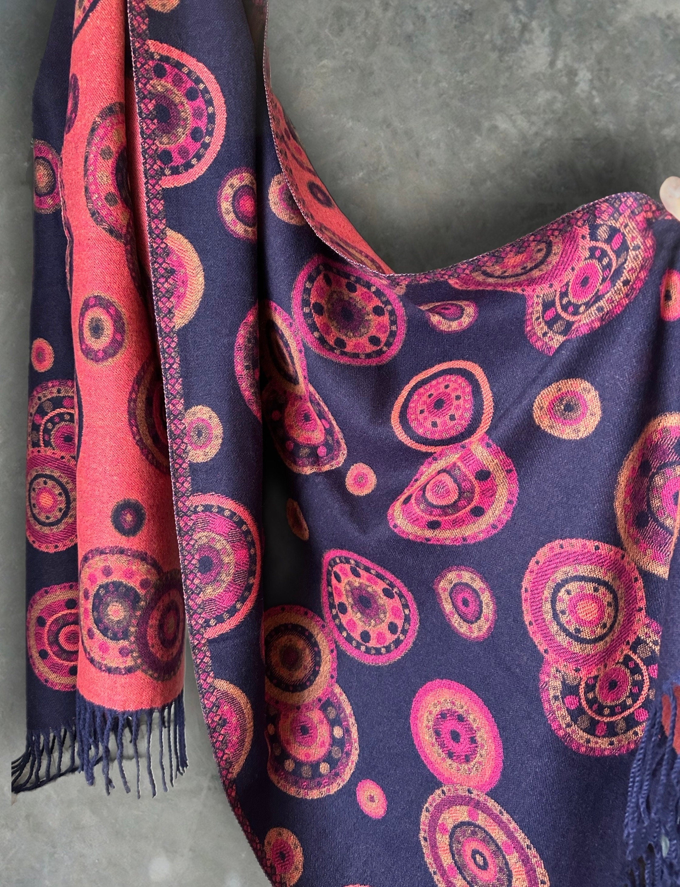 Cashmere Scarf in Bright Pink and Blue with Circular Dots Pattern