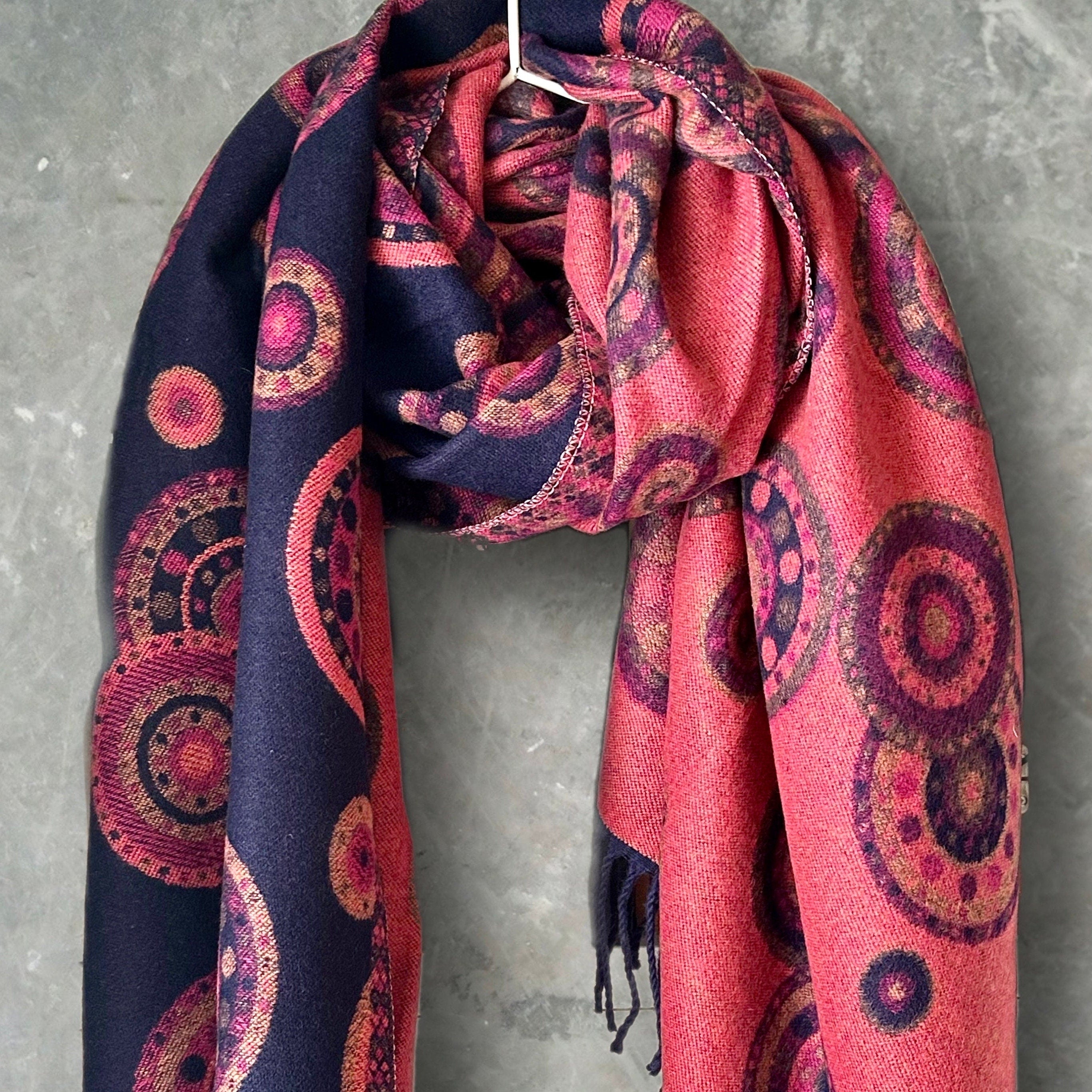 Cashmere Scarf in Bright Pink and Blue with Circular Dots Pattern