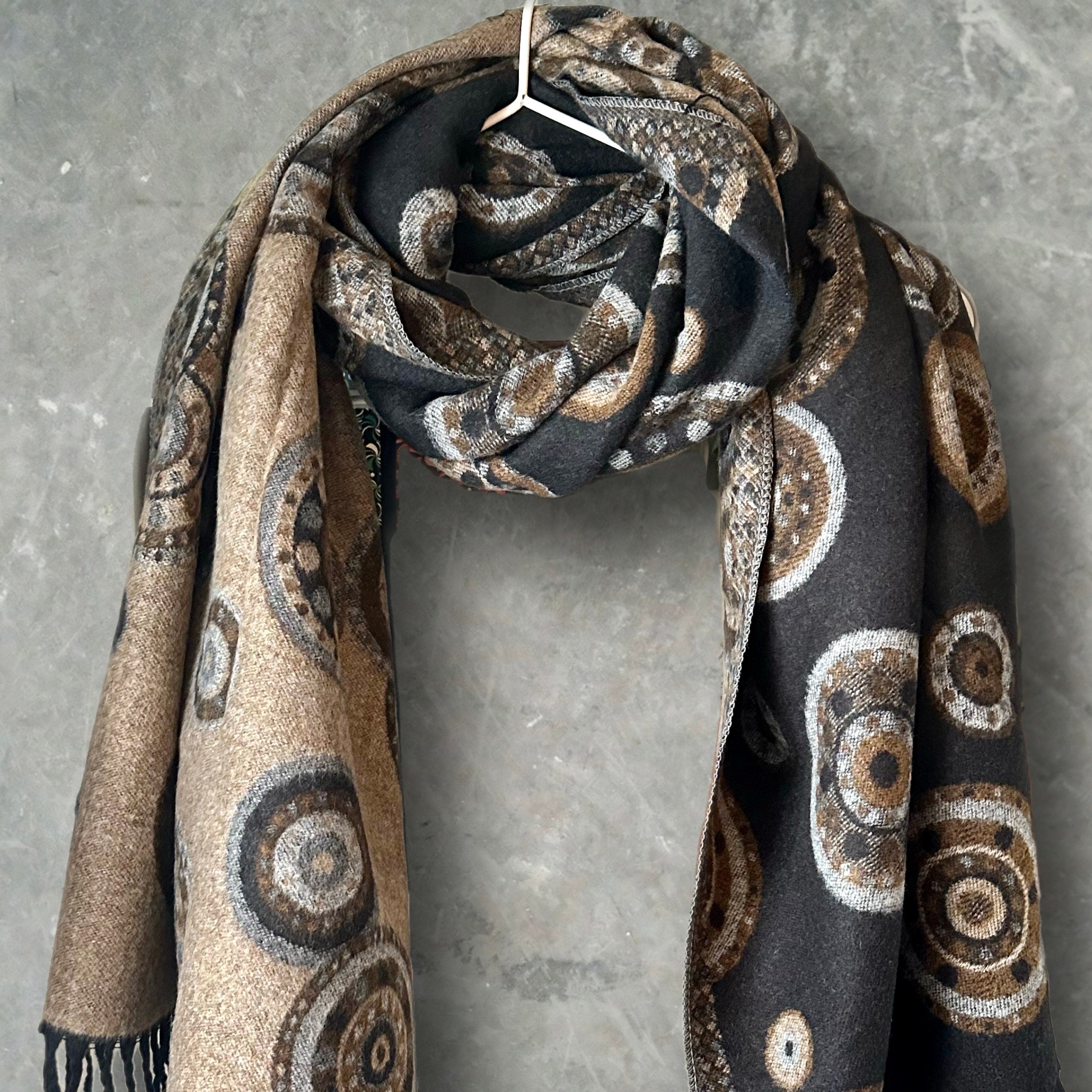 Cashmere Scarf in Black and Beige with Circular Dots Pattern