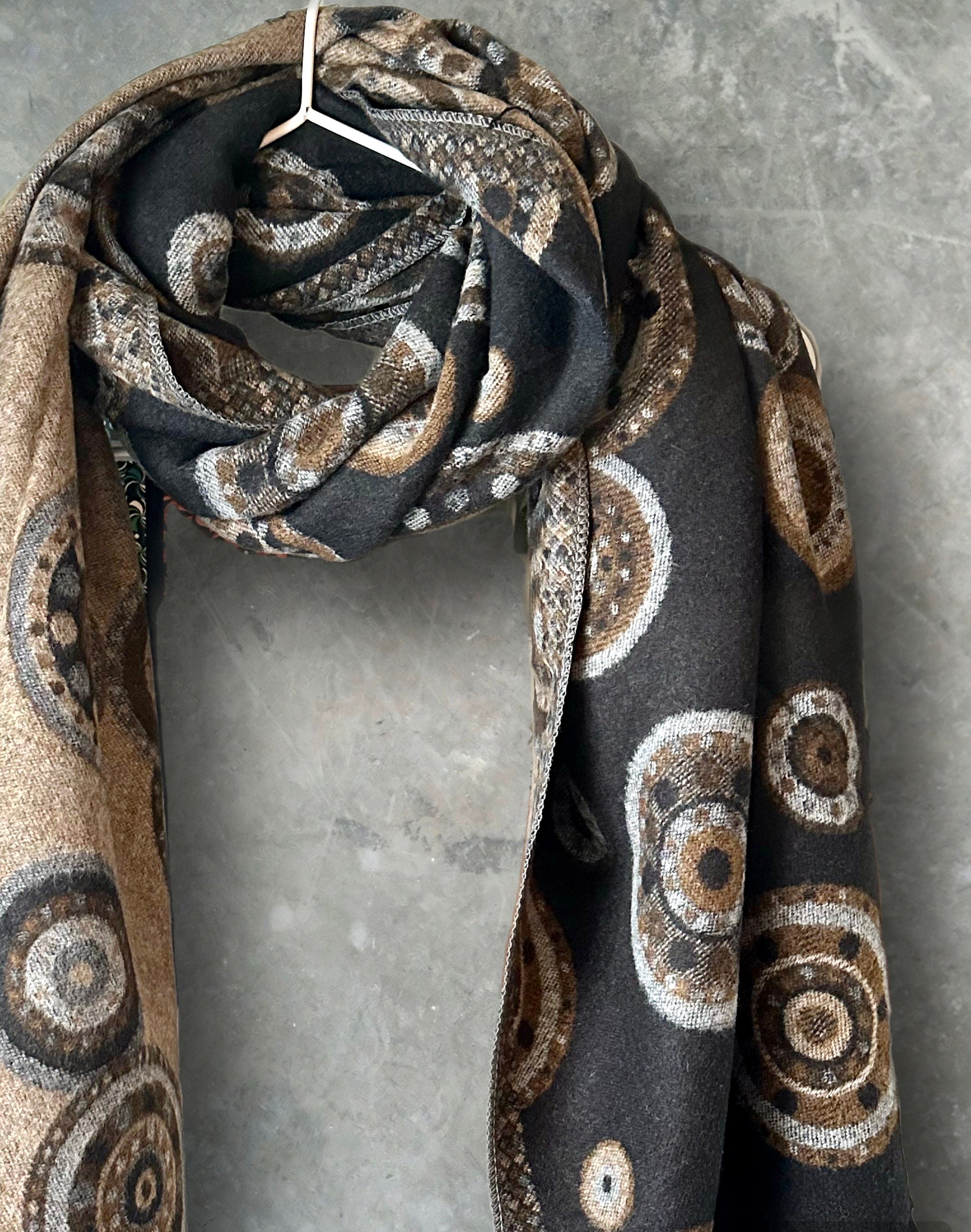 Cashmere Scarf in Black and Beige with Circular Dots Pattern