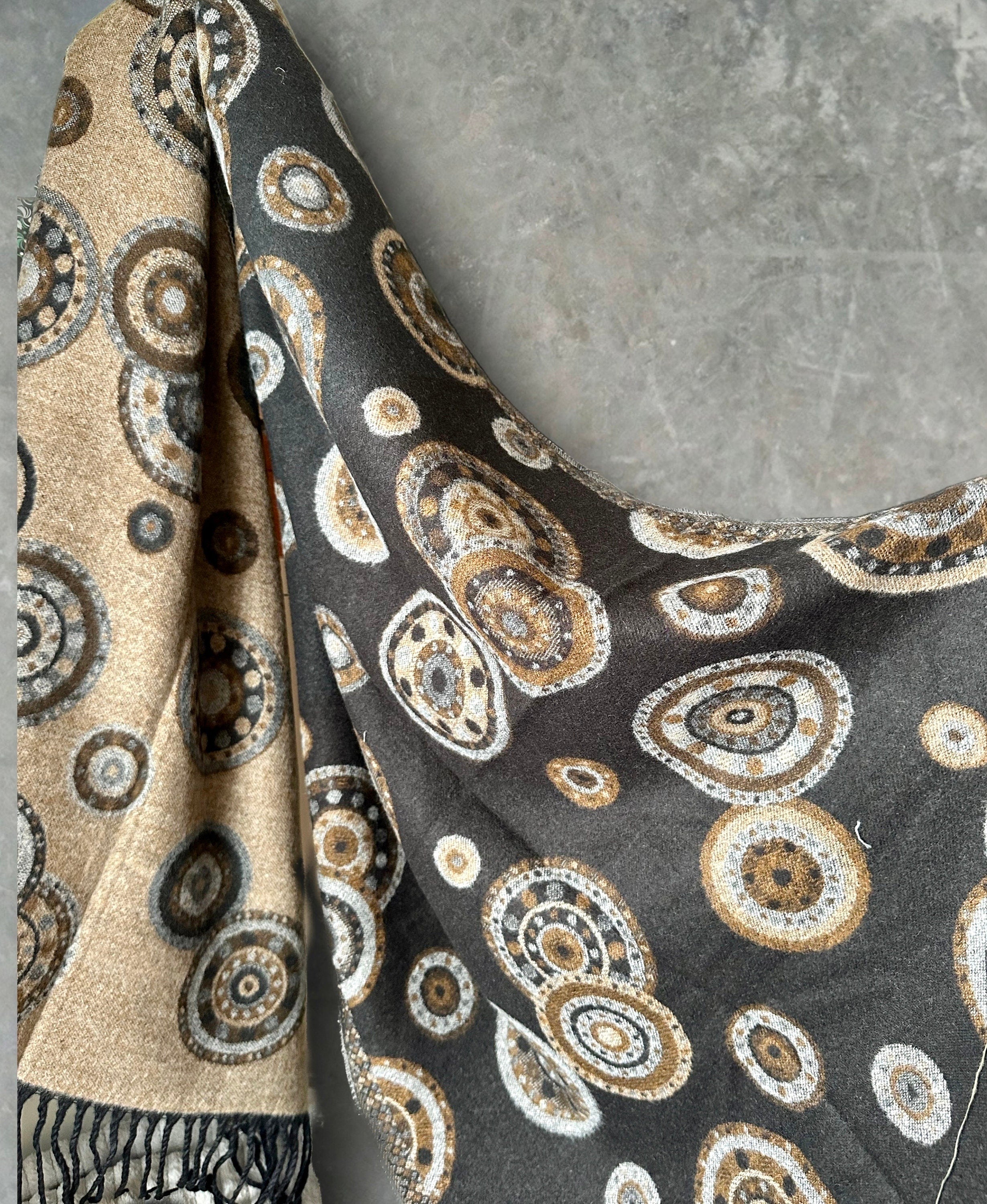 Cashmere Scarf in Black and Beige with Circular Dots Pattern
