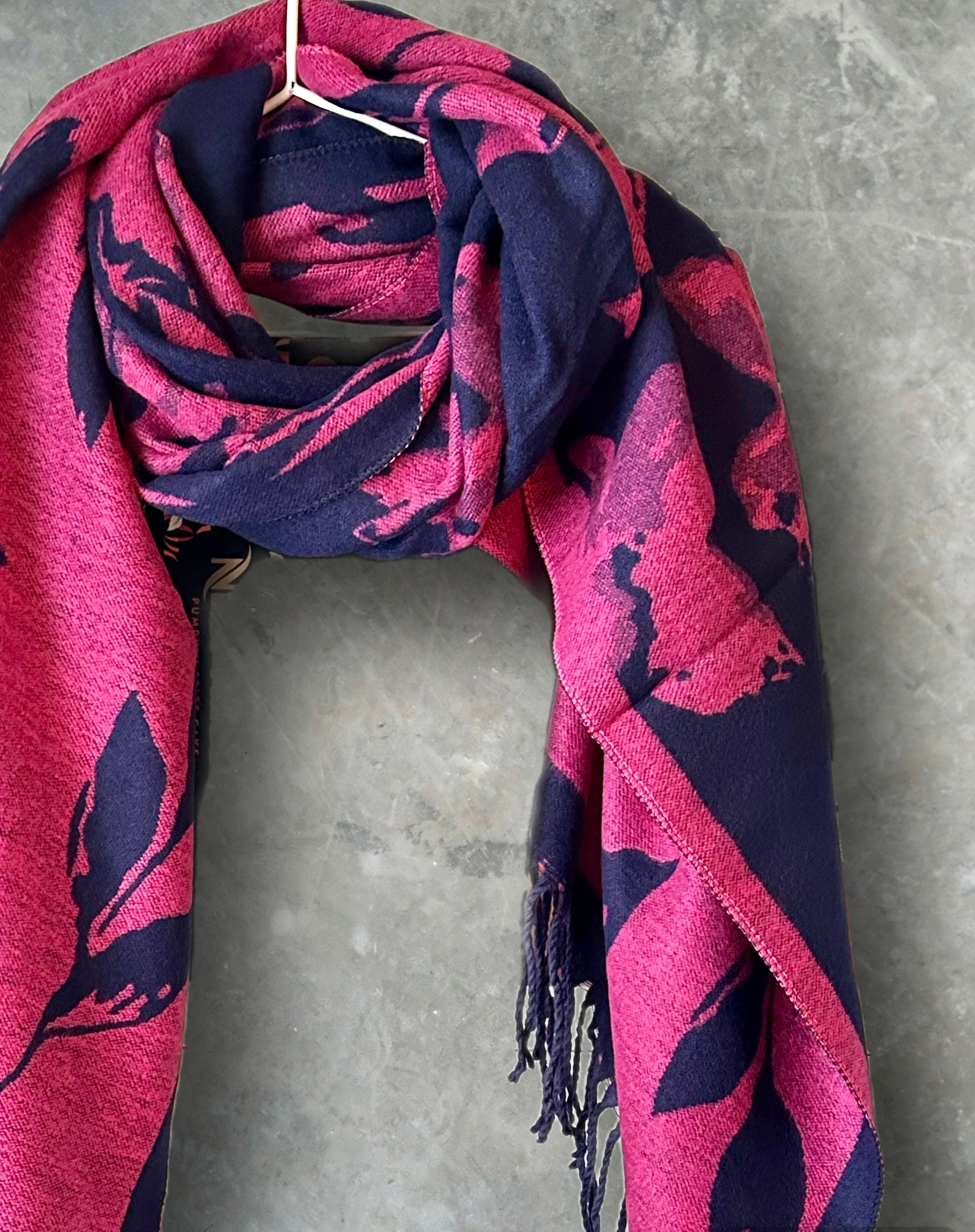 Luxury Cashmere Scarf in Pink and Blue with Large Peony Pattern