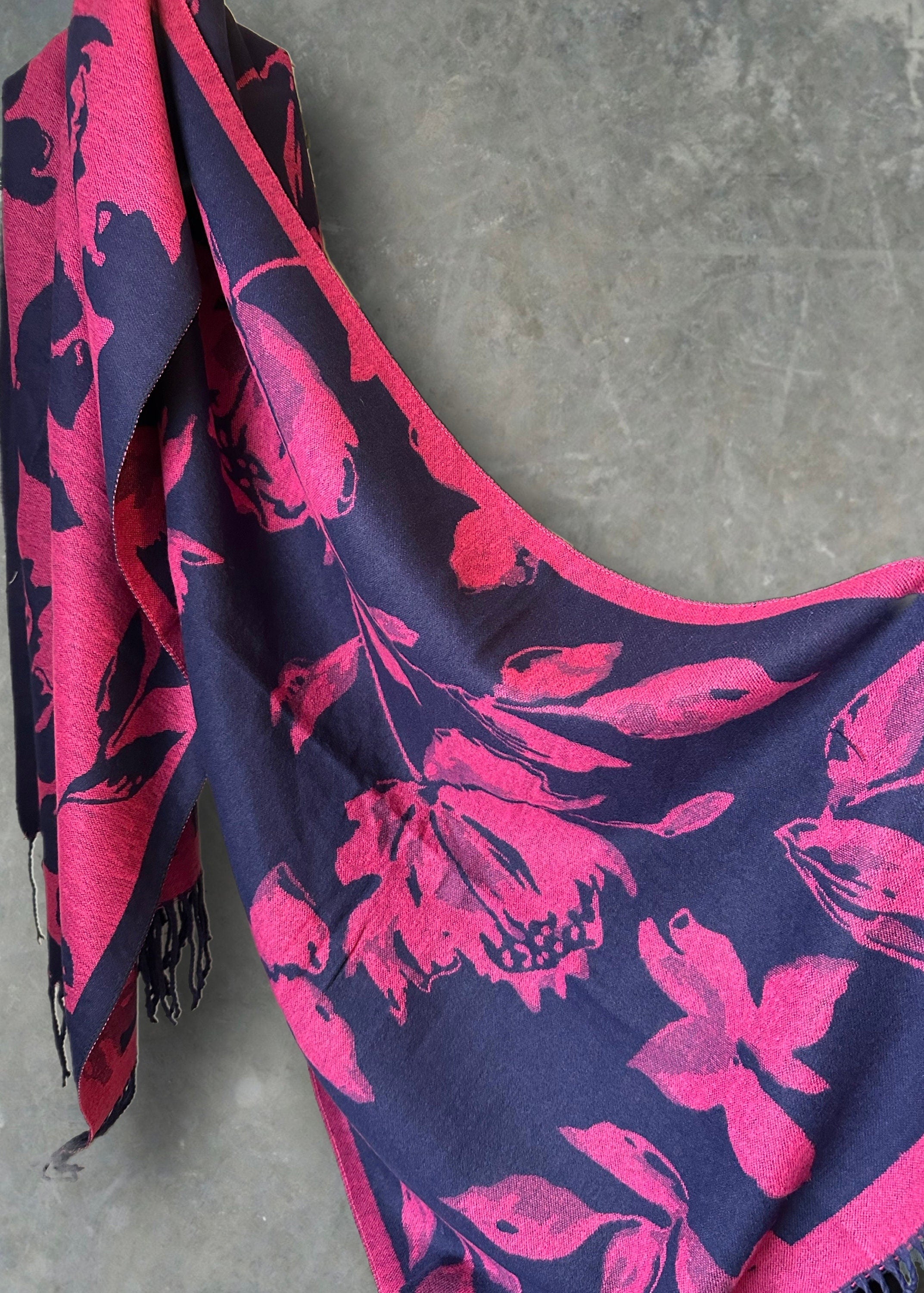Luxury Cashmere Scarf in Pink and Blue with Large Peony Pattern