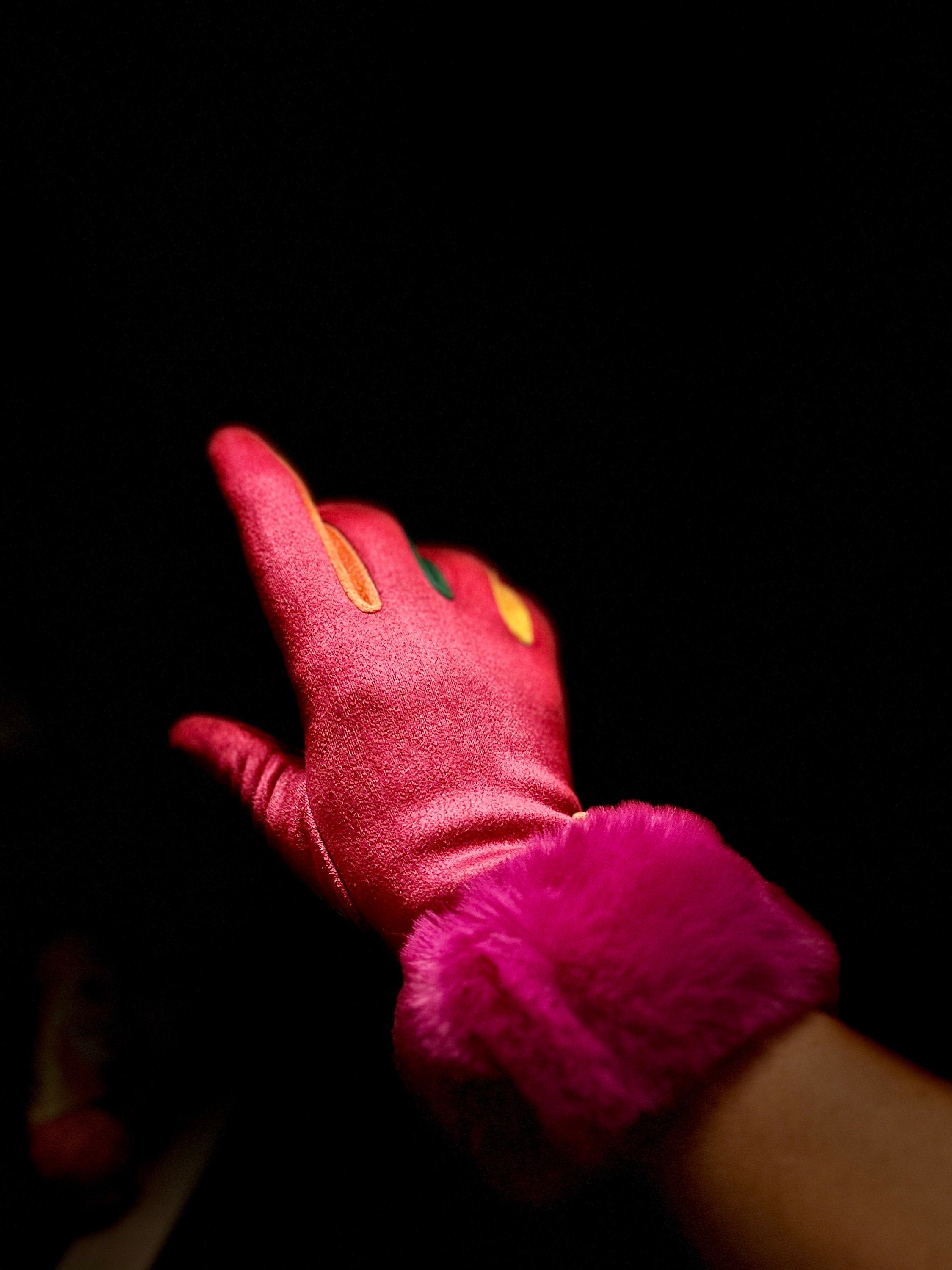 Fuchsia Pink Suede Gloves with Faux Fur,Stretch Suede Fabric