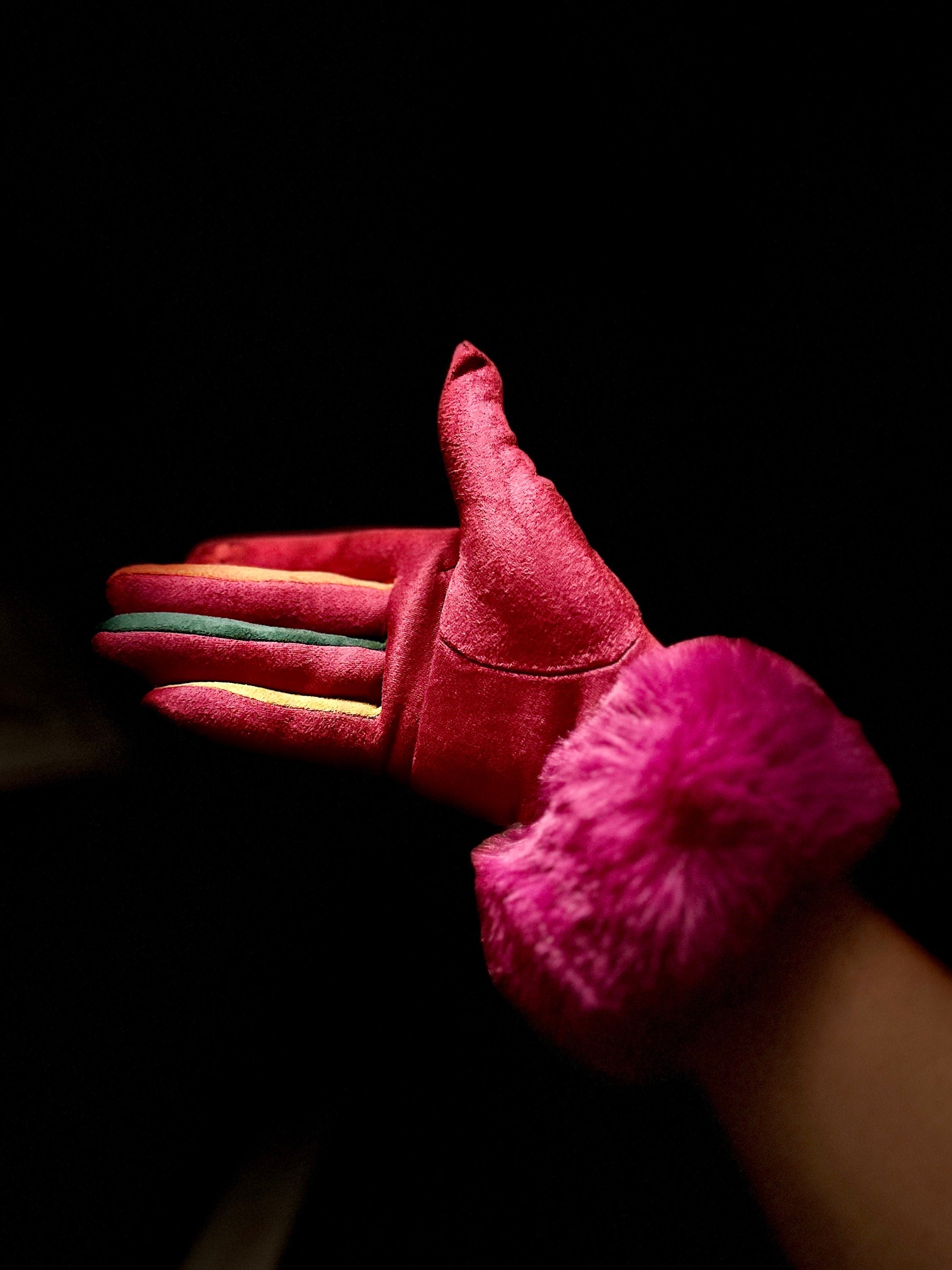 Fuchsia Pink Suede Gloves with Faux Fur,Stretch Suede Fabric