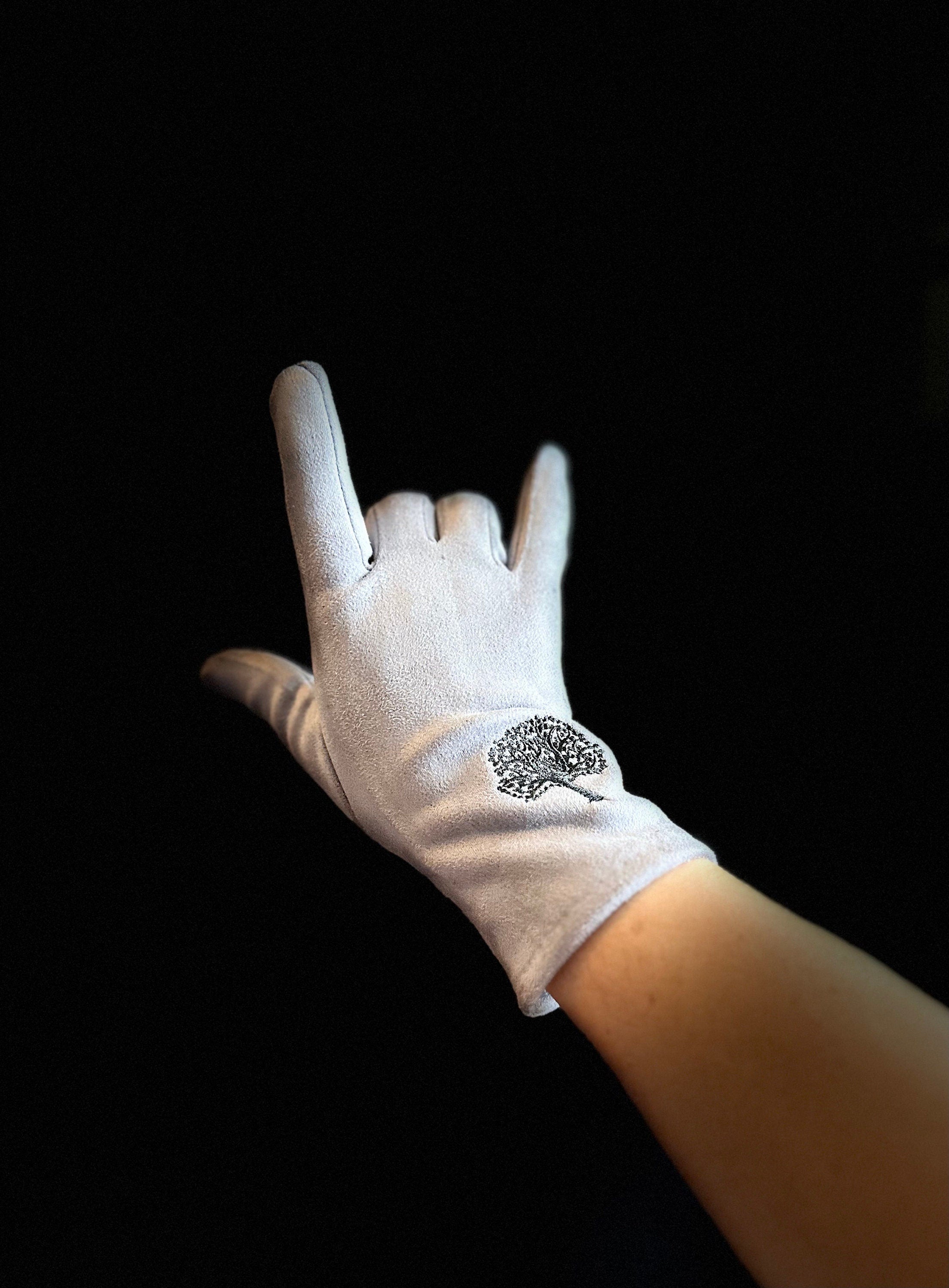 Light Grey Gloves with Embroidery Mulberry Tree for Women