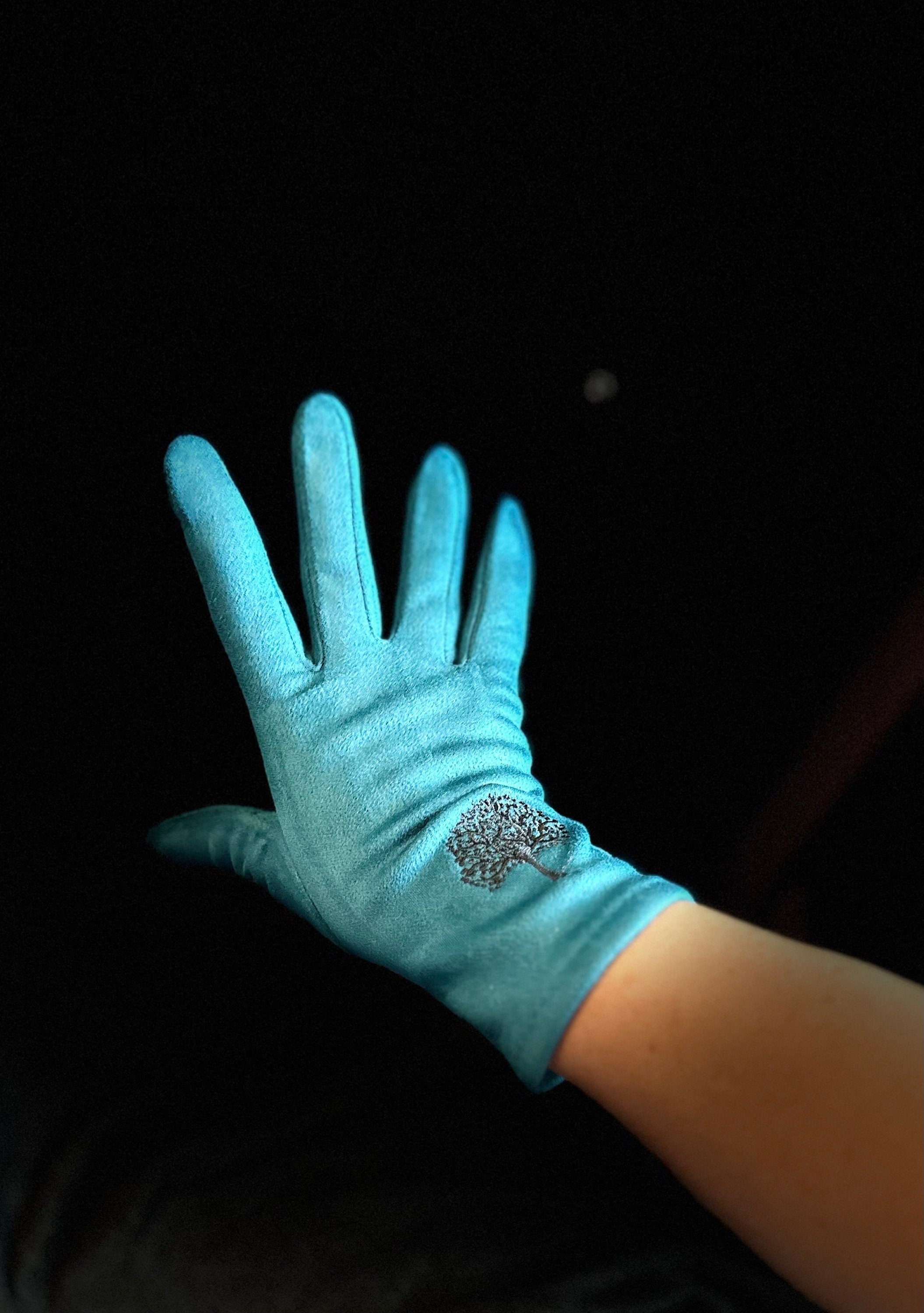 Teal Blue Gloves with Embroidery Mulberry Tree for Women