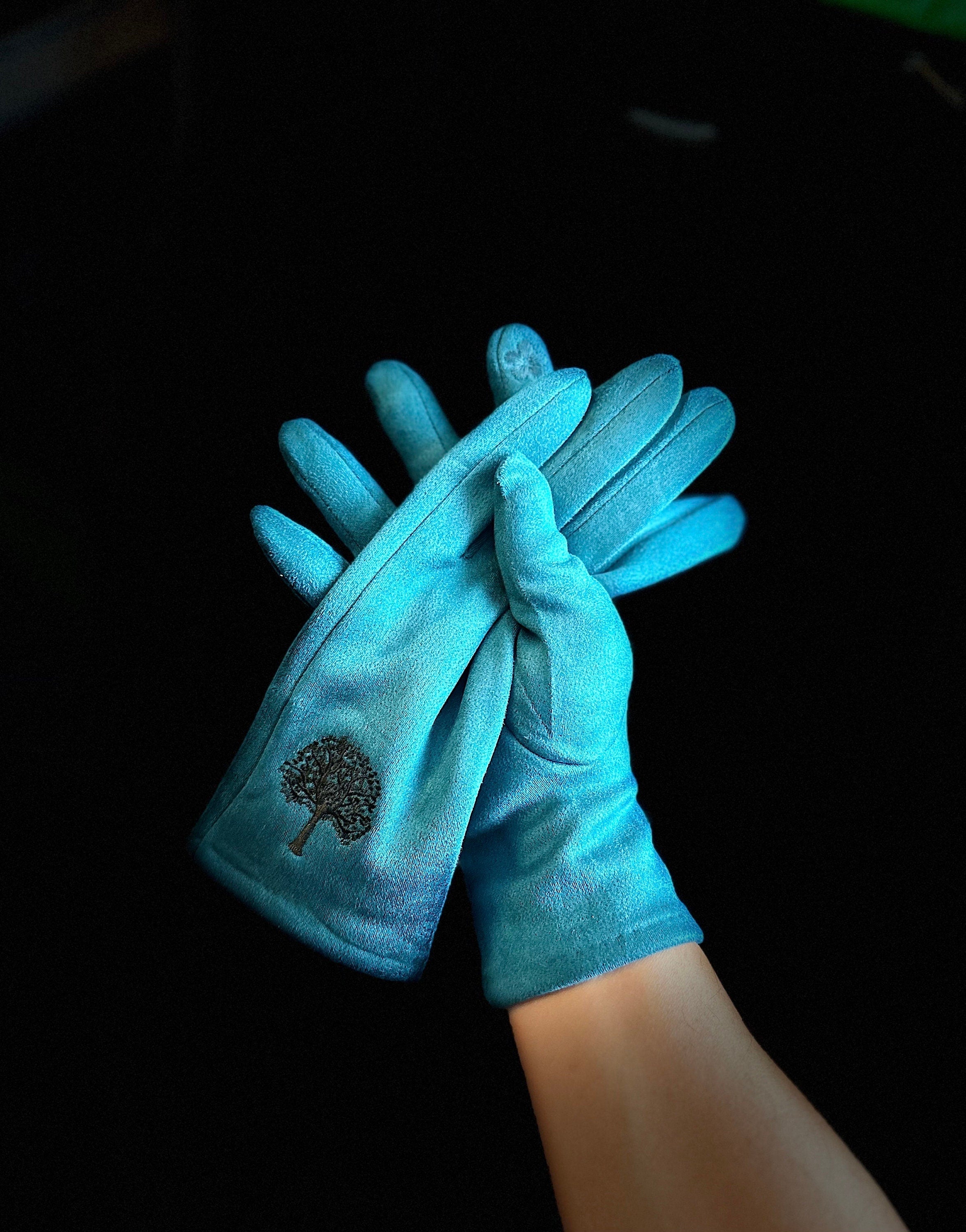 Teal Blue Gloves with Embroidery Mulberry Tree for Women