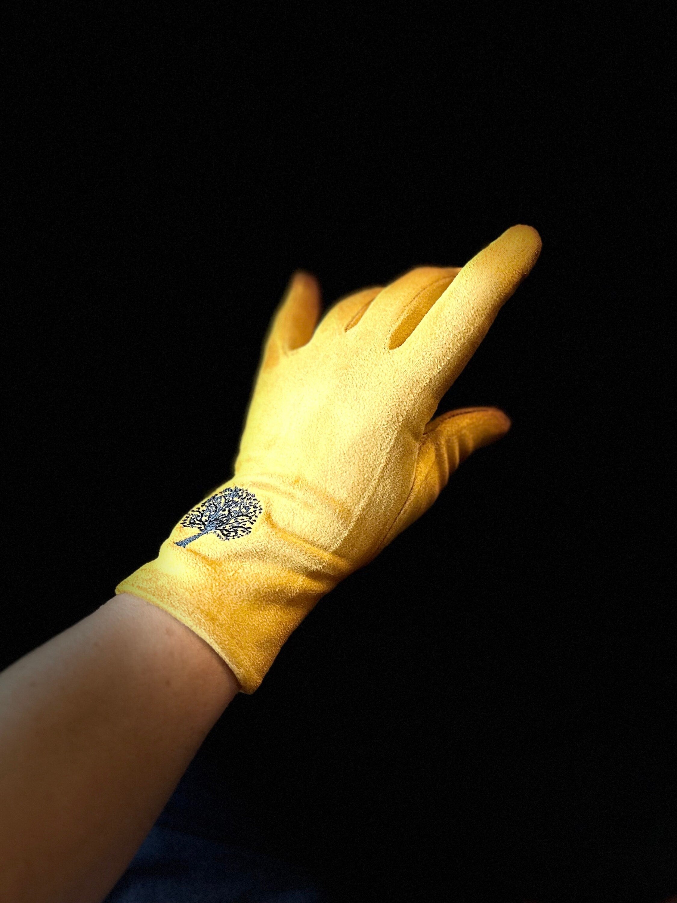Mustard Yellow Gloves with Embroidery Mulberry Tree for Women