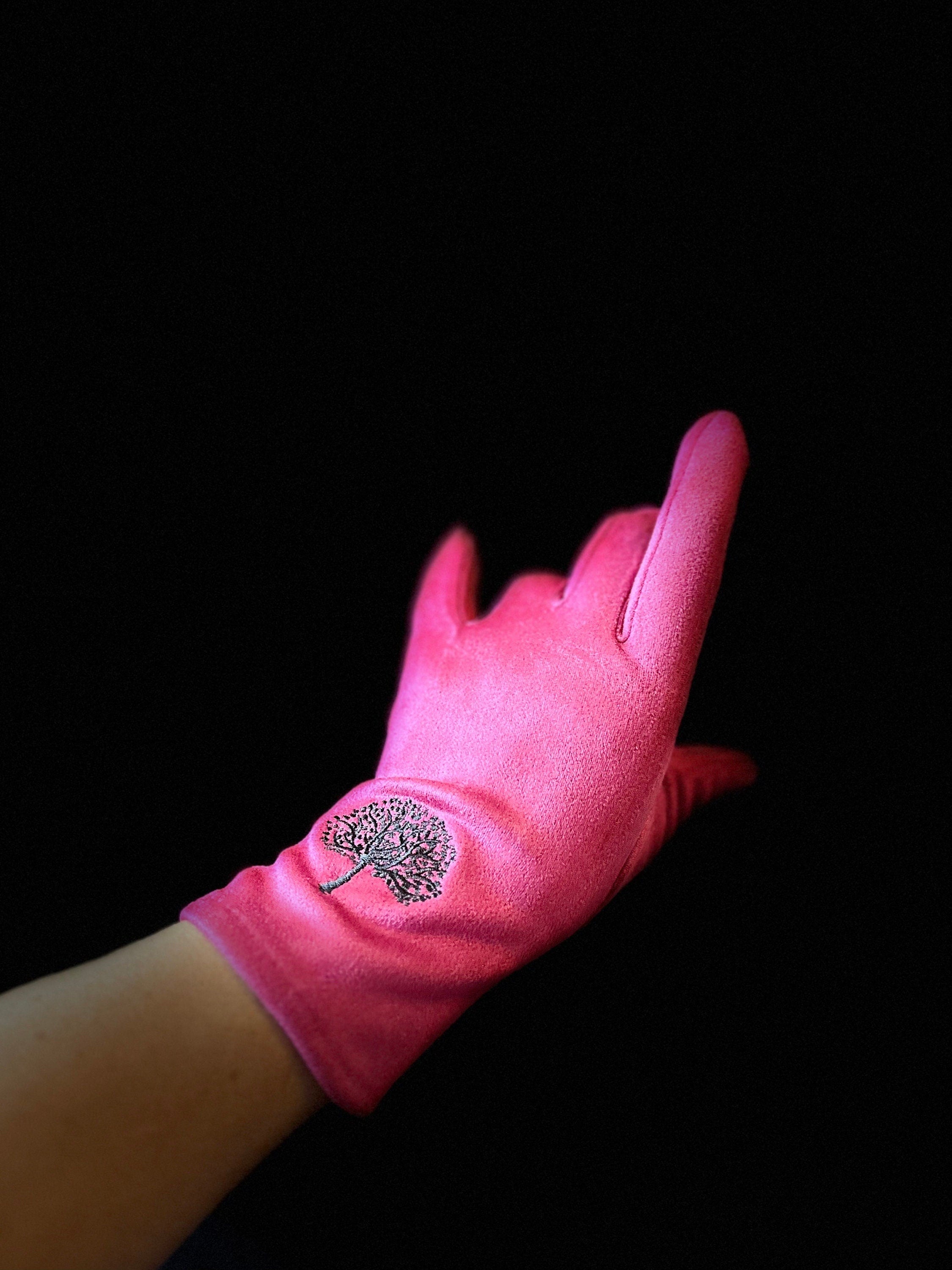 Bright Pink Gloves with Embroidery Mulberry Tree for Women