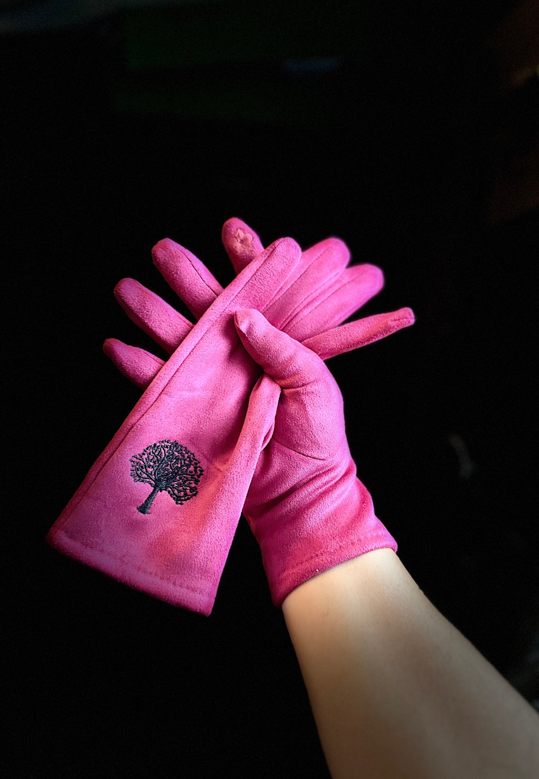 Bright Pink Gloves with Embroidery Mulberry Tree for Women
