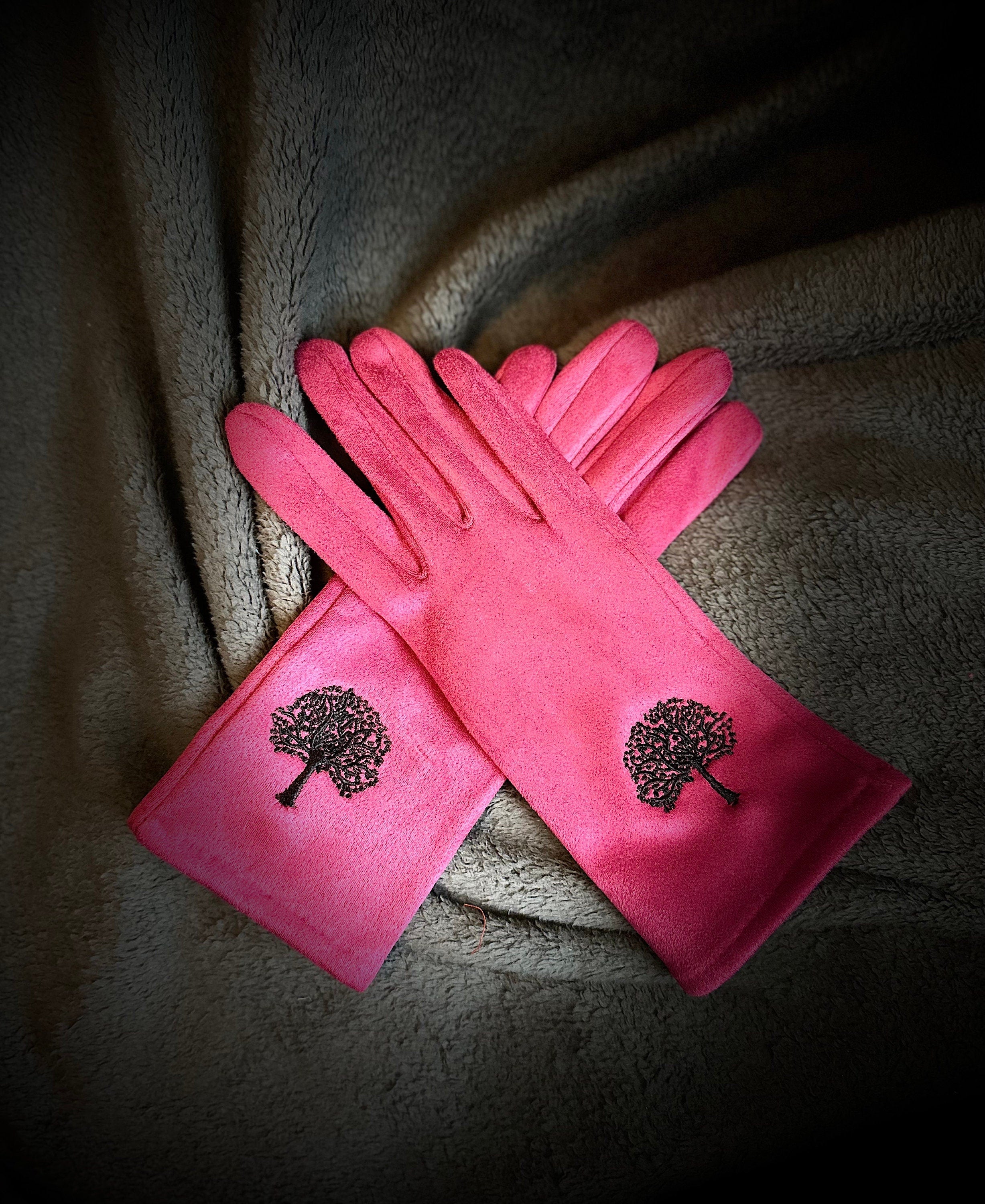 Bright Pink Gloves with Embroidery Mulberry Tree for Women