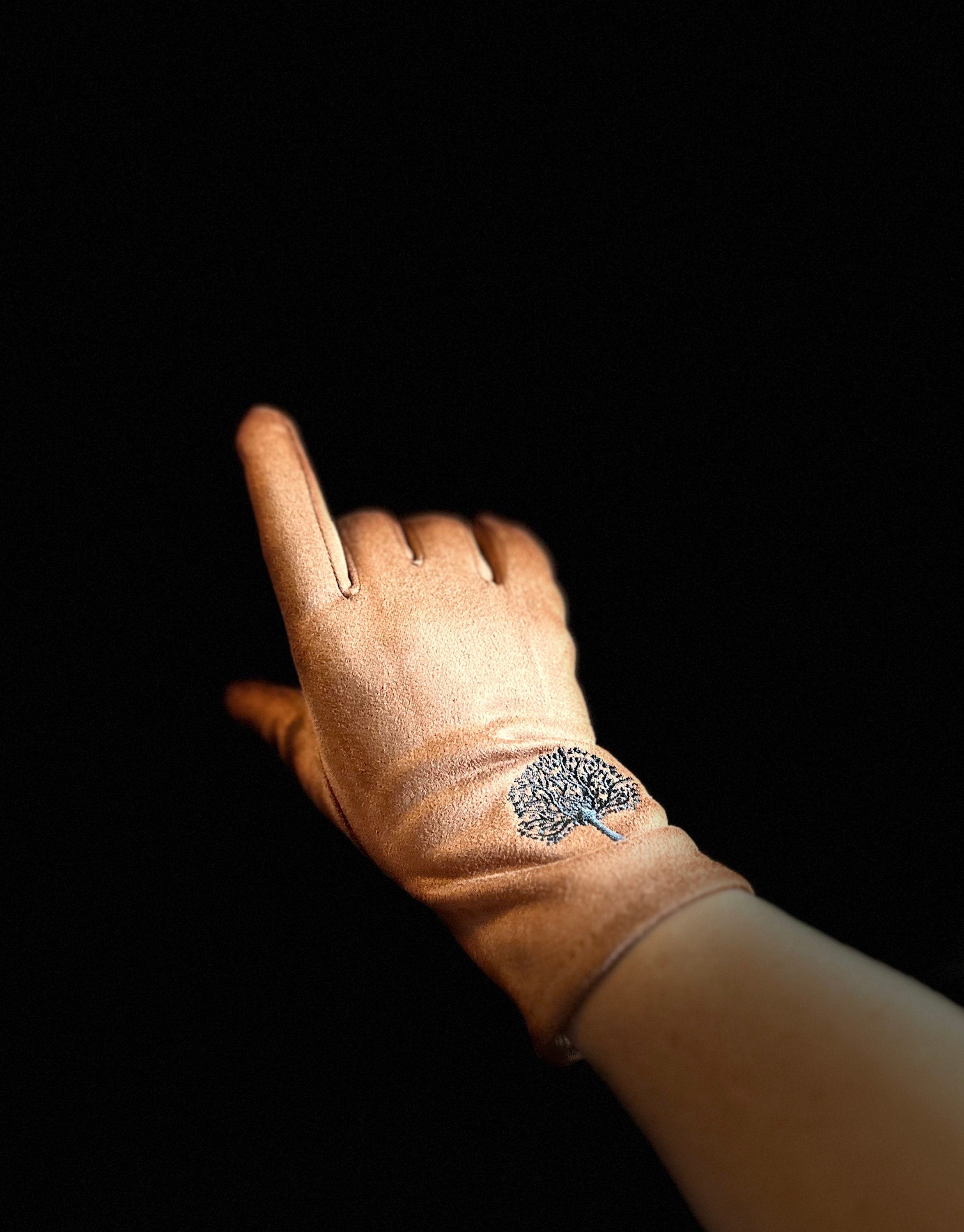 Brown Gloves with Embroidery Mulberry Tree