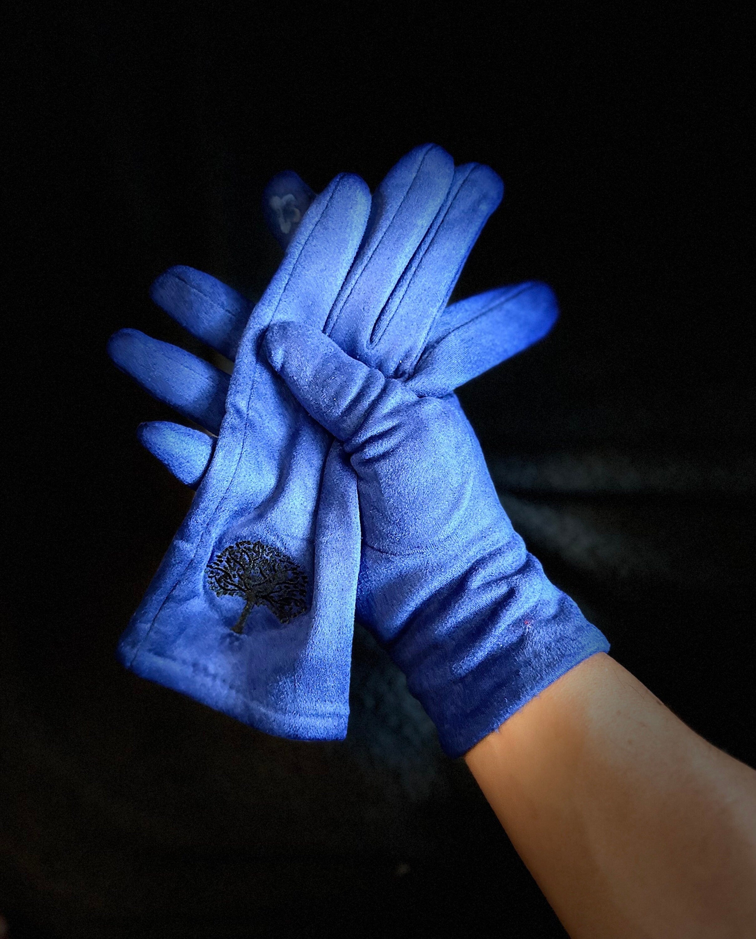 Blue Gloves with Embroidery Mulberry Tree for Women