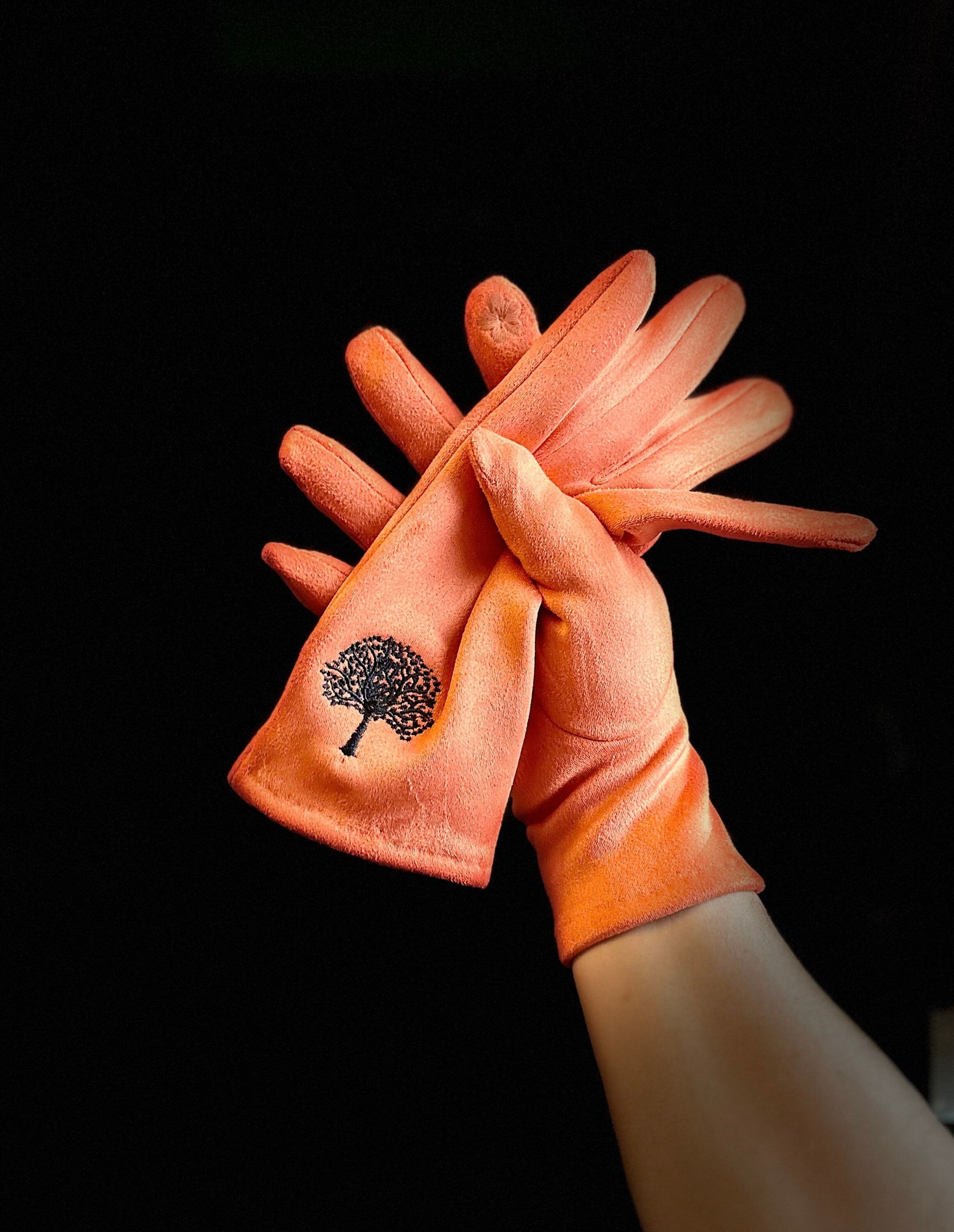 Orange Gloves with Embroidery Mulberry Tree for Women