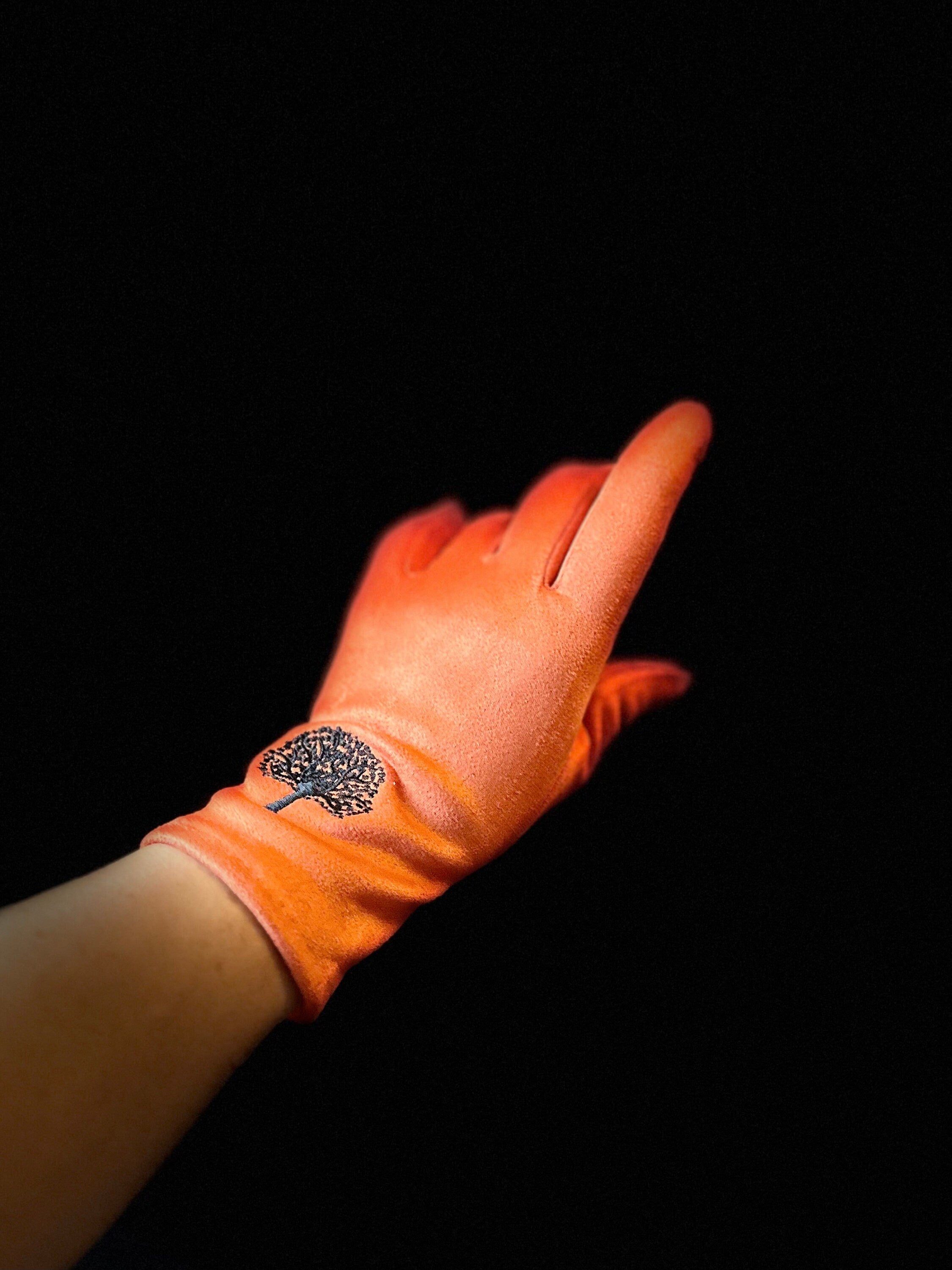 Orange Gloves with Embroidery Mulberry Tree for Women