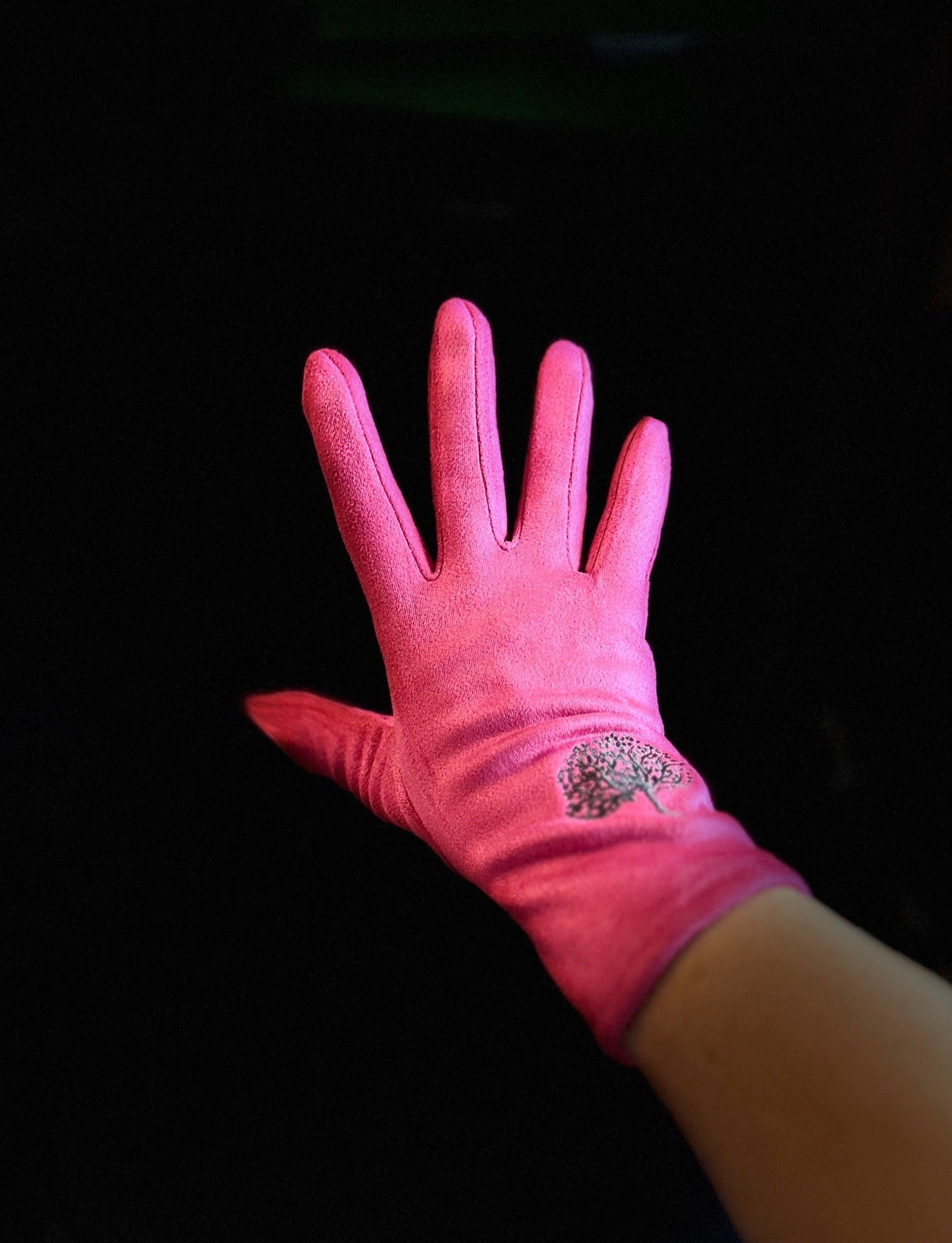 Bright Pink Gloves with Embroidery Mulberry Tree for Women