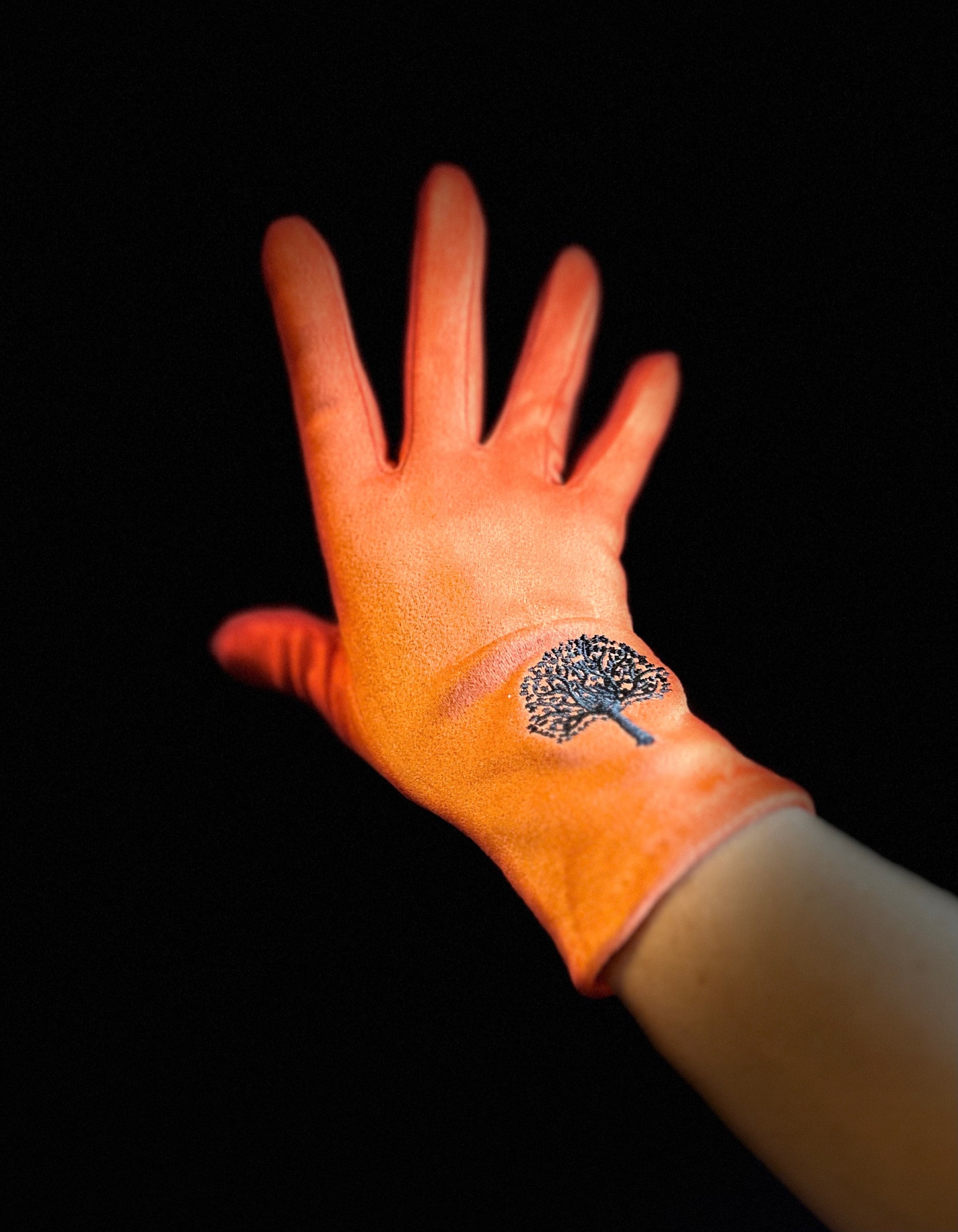 Orange Gloves with Embroidery Mulberry Tree for Women