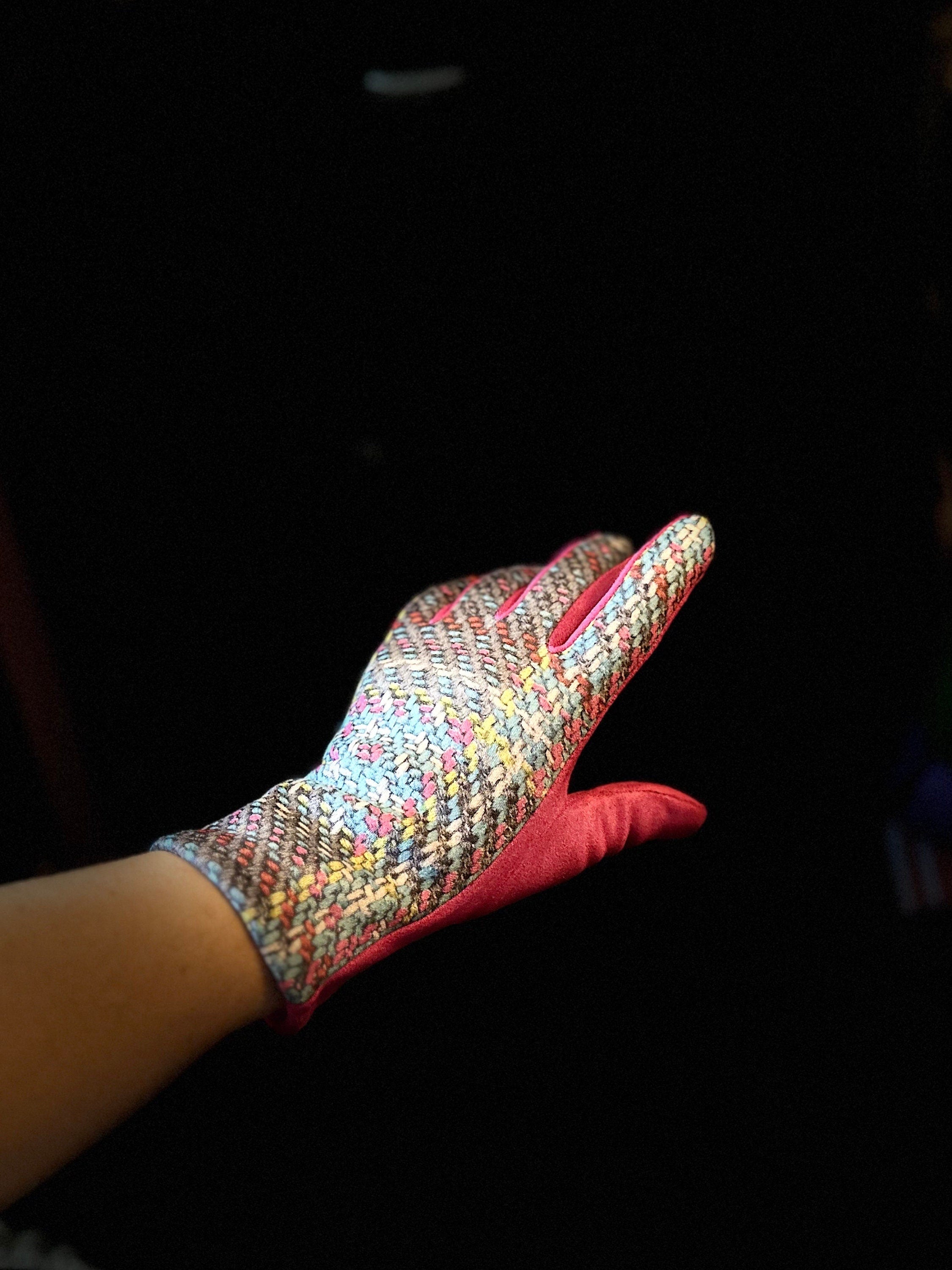Bright Pink Glove with Tweed,Tartan Pattern for Women