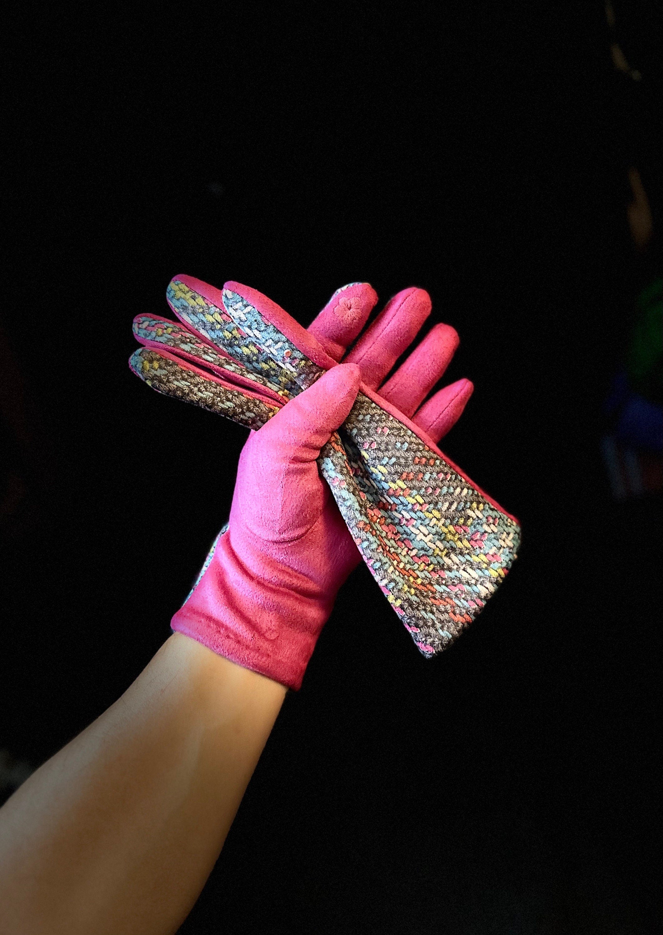 Bright Pink Glove with Tweed,Tartan Pattern for Women