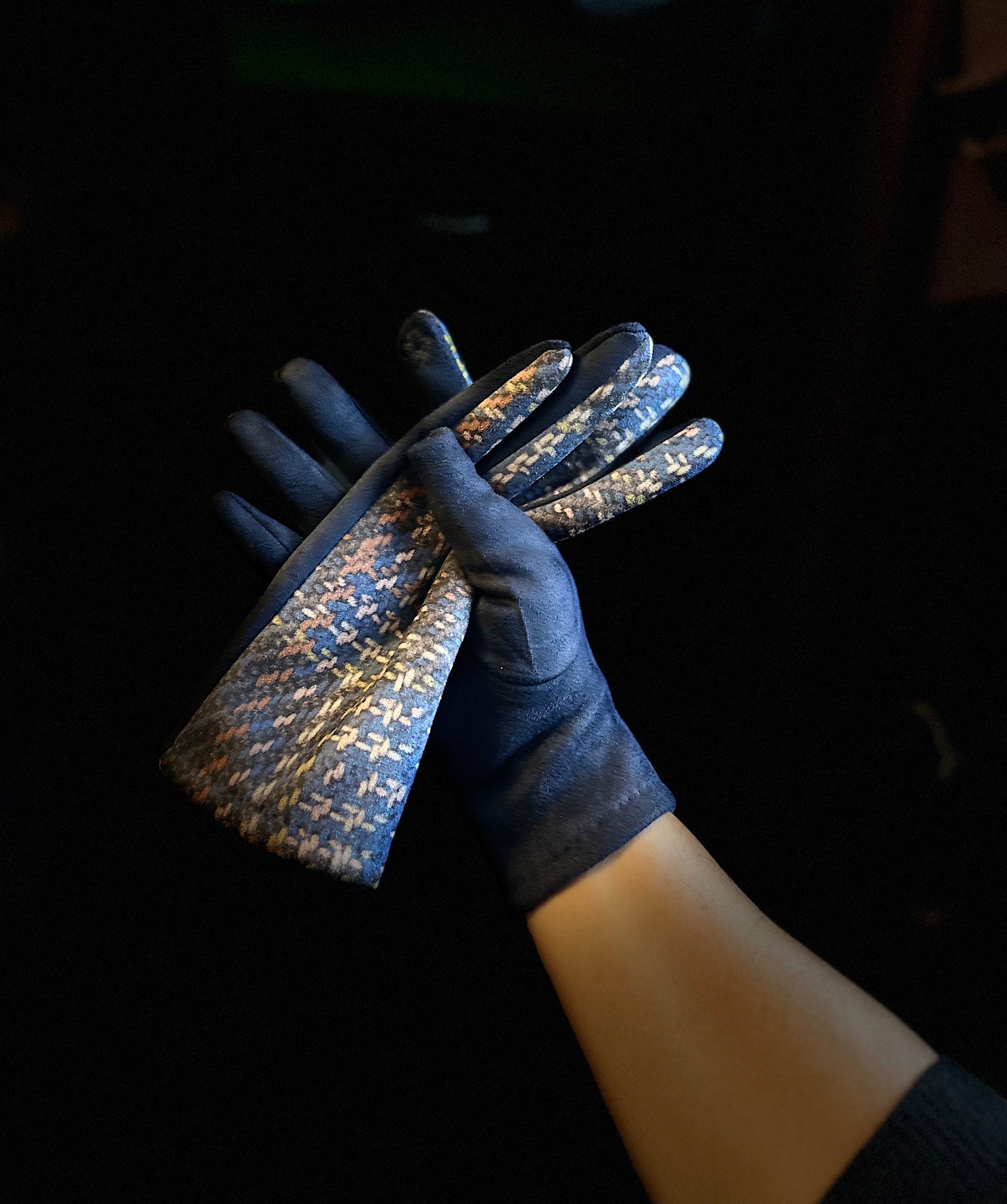 Navy Blue Glove with Tweed,Tartan Pattern for Women