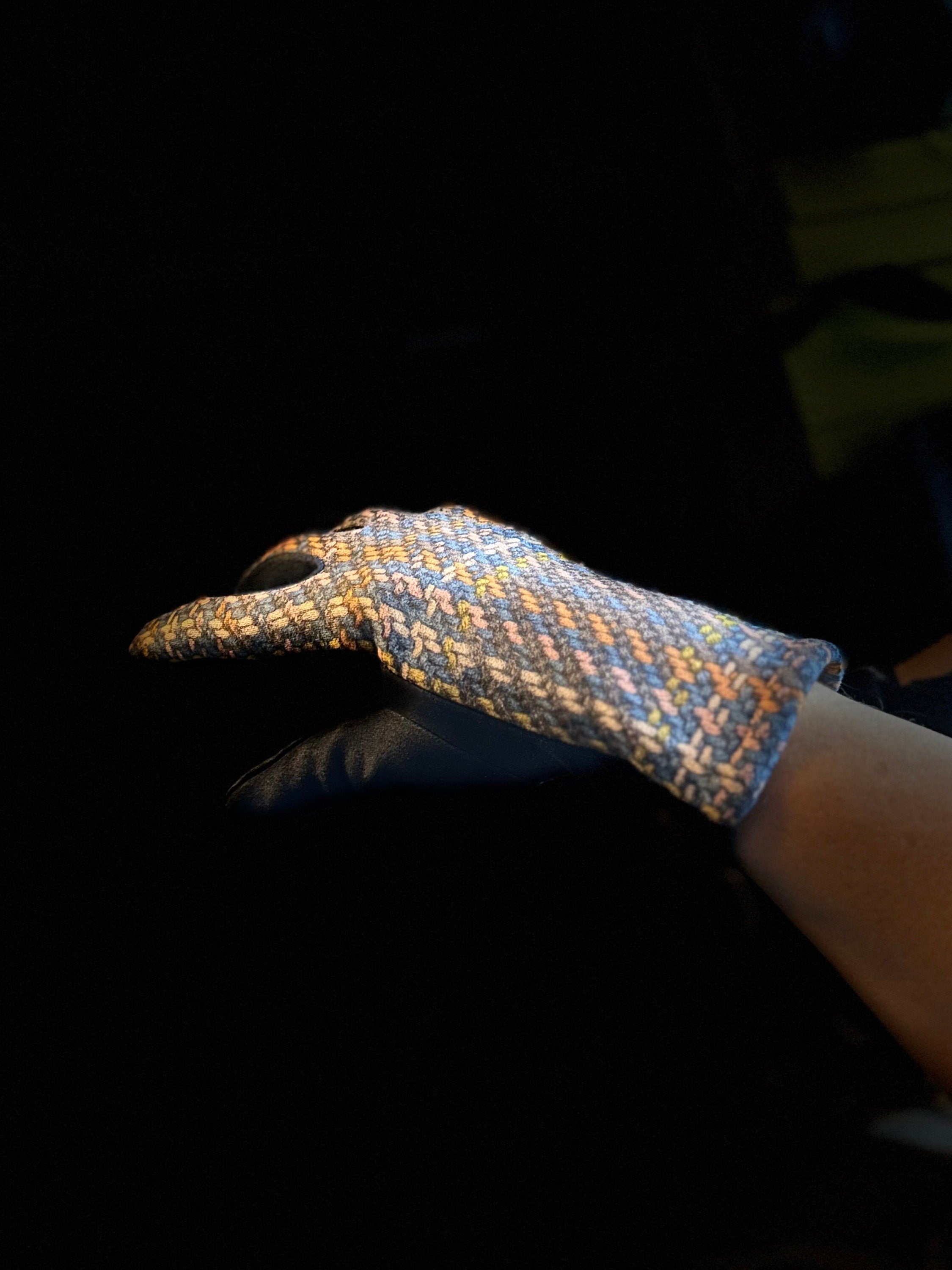 Navy Blue Glove with Tweed,Tartan Pattern for Women