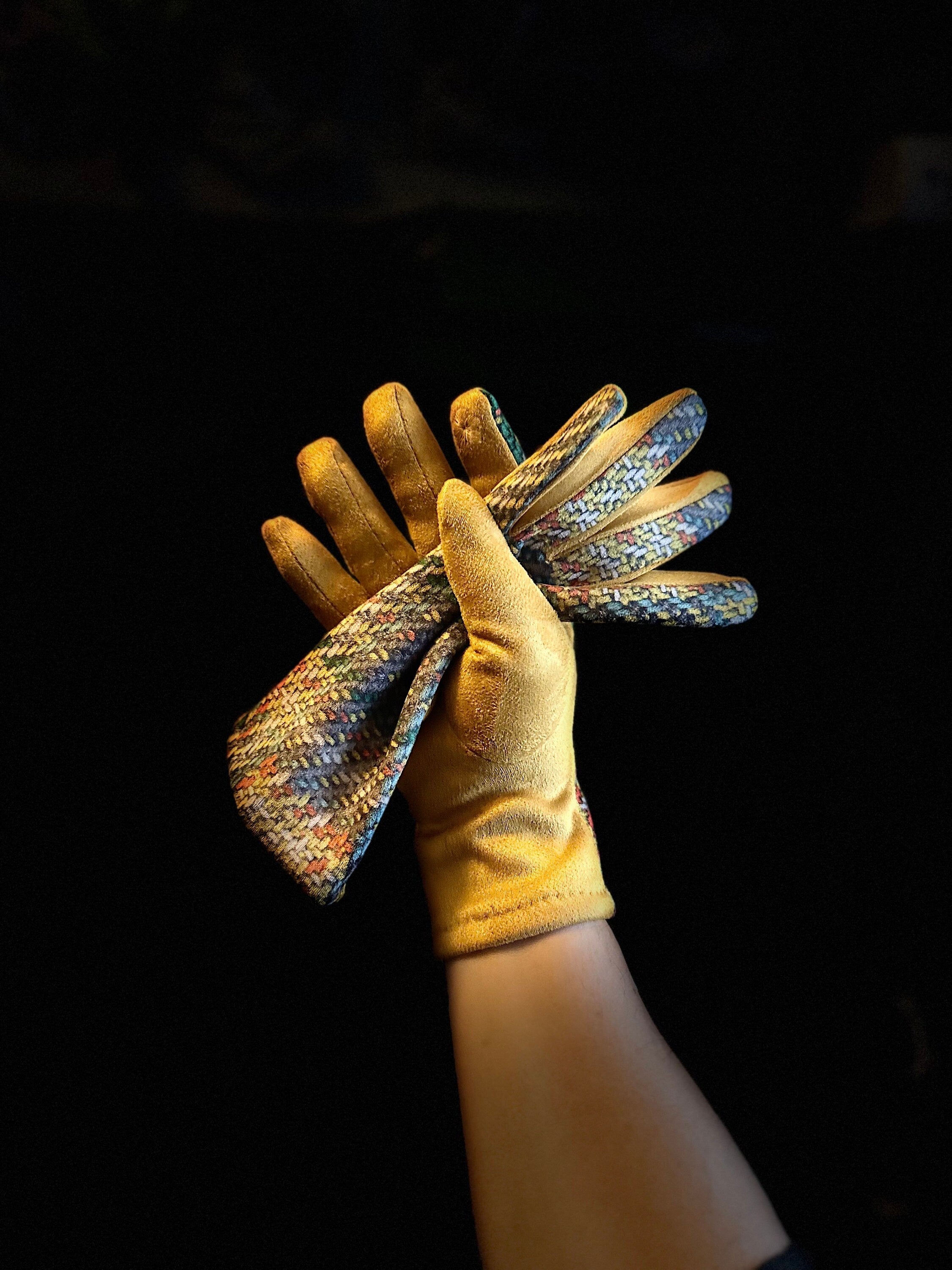 Mustard Yellow Glove with Tweed,Tartan Pattern for Women