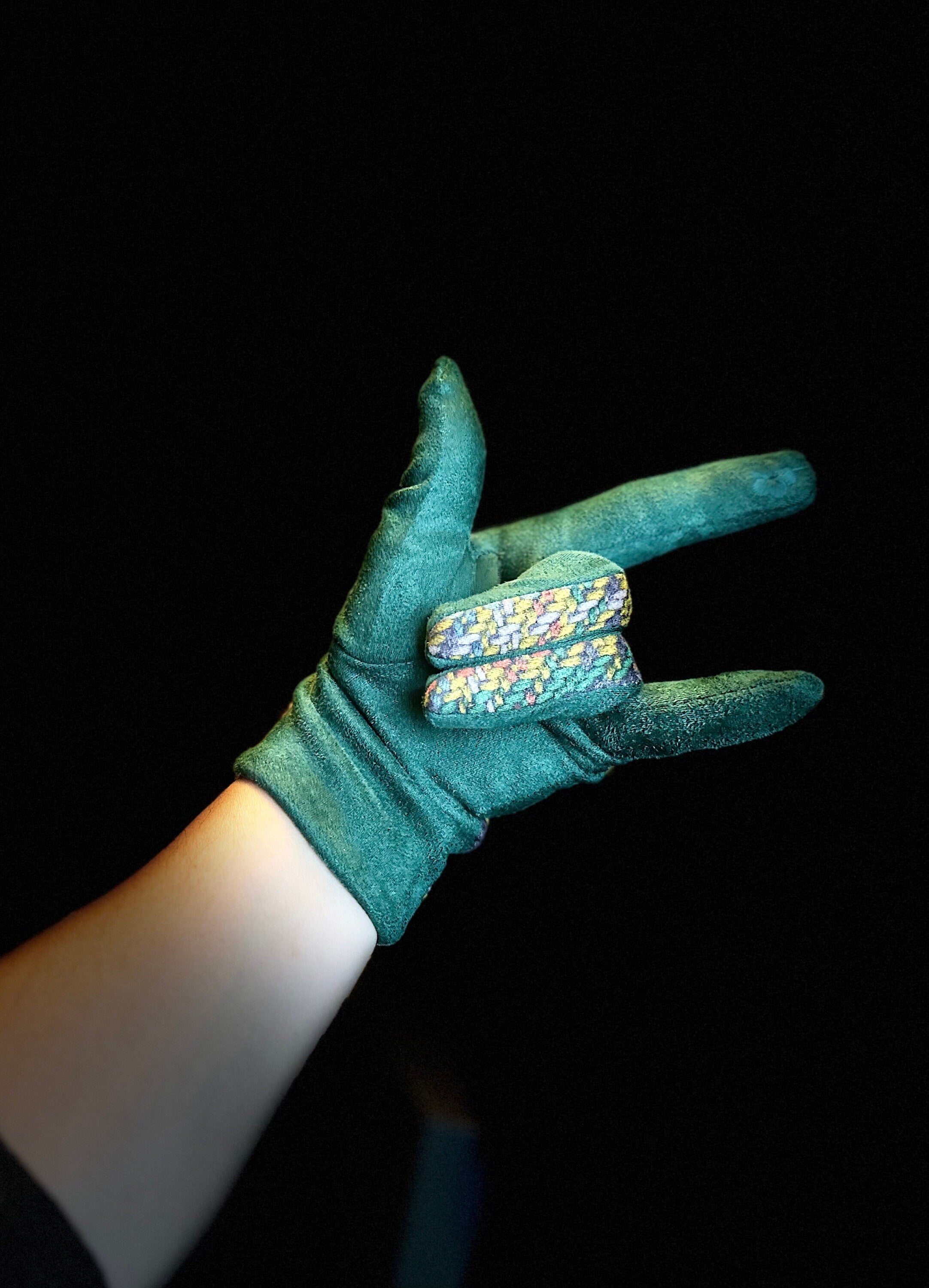 Teal Blue Glove with Tweed,Tartan Pattern for Women