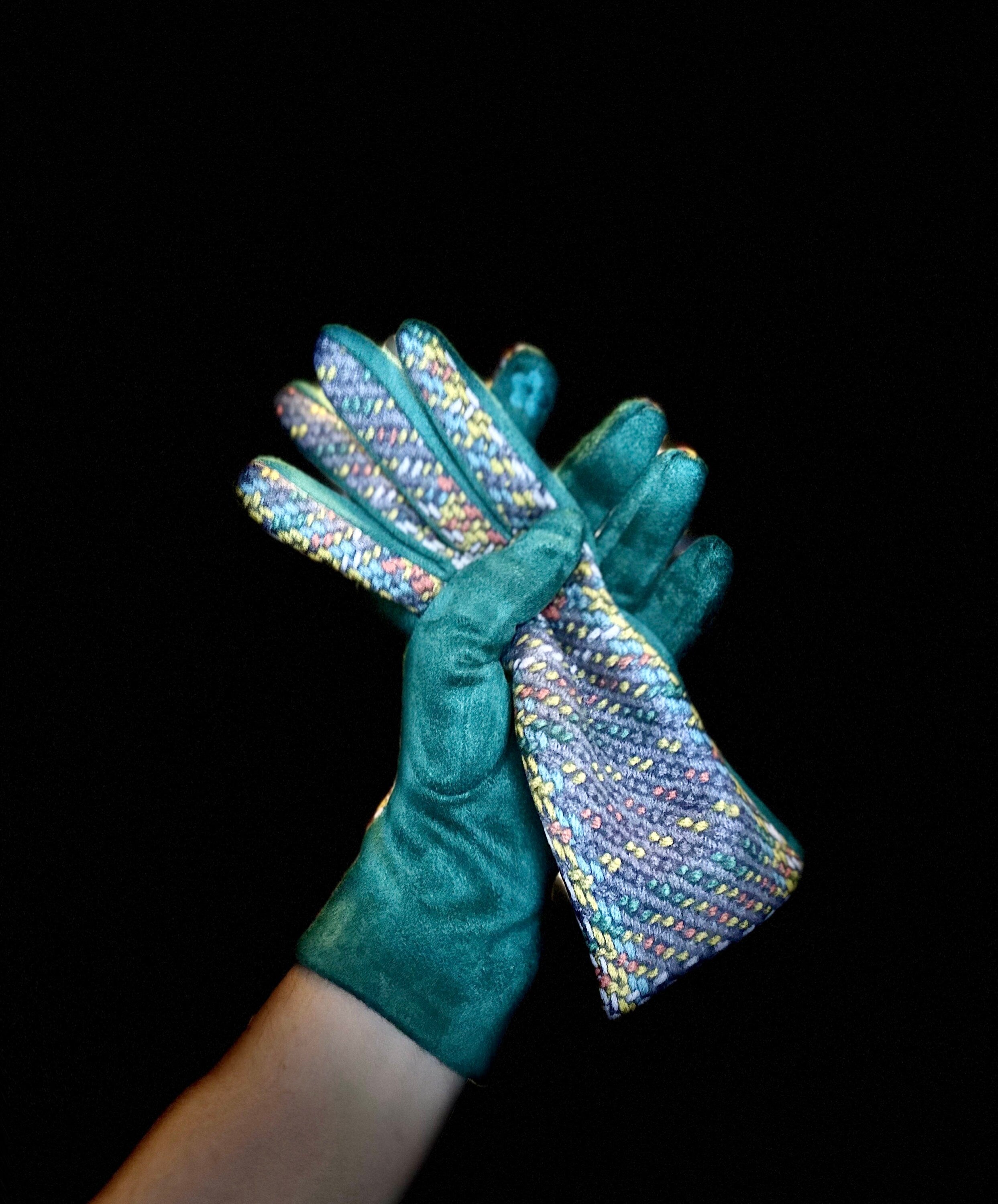 Teal Blue Glove with Tweed,Tartan Pattern for Women
