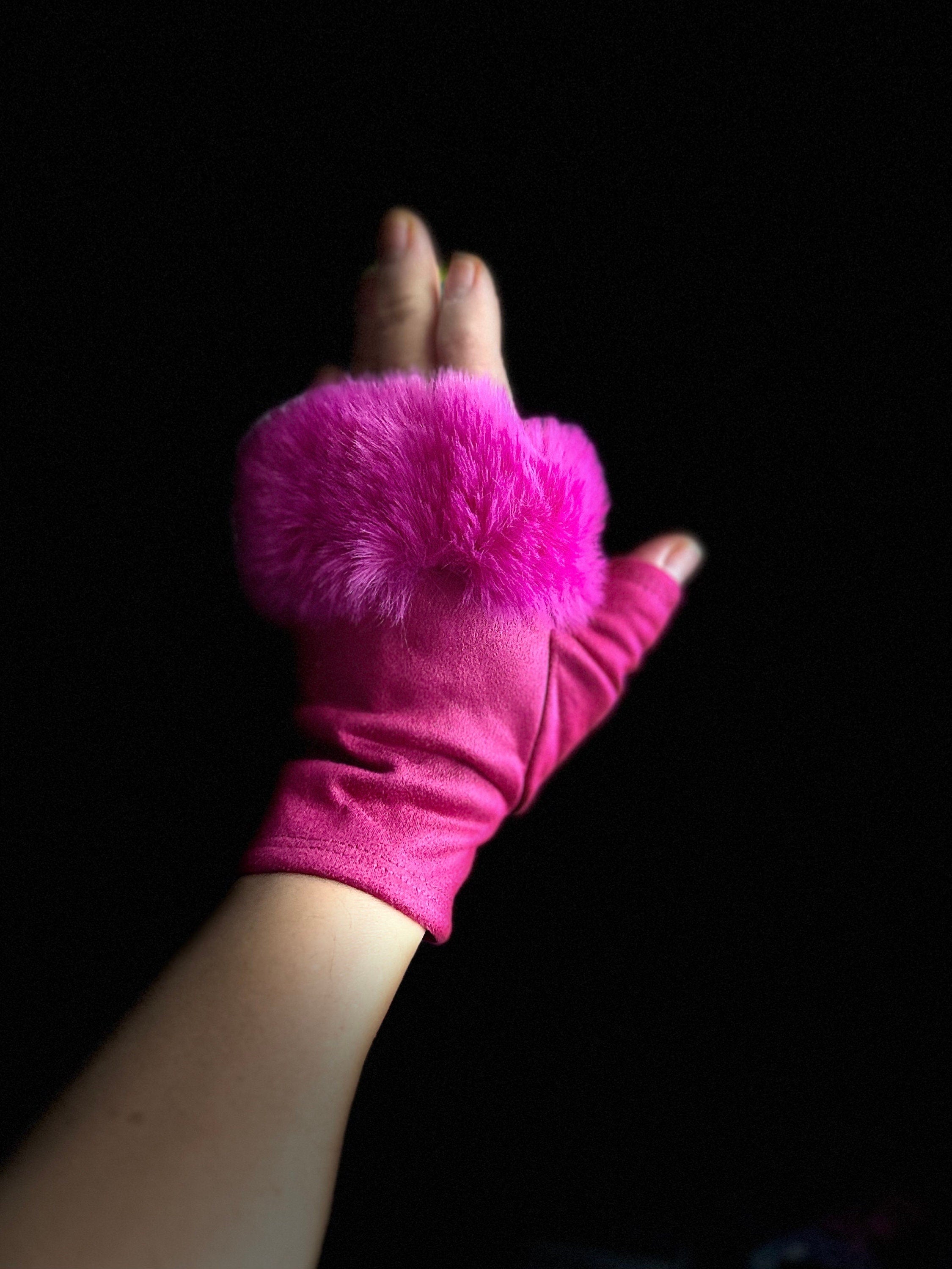 Fuchsia Pink Suede Fingerless Gloves with Faux Fur details
