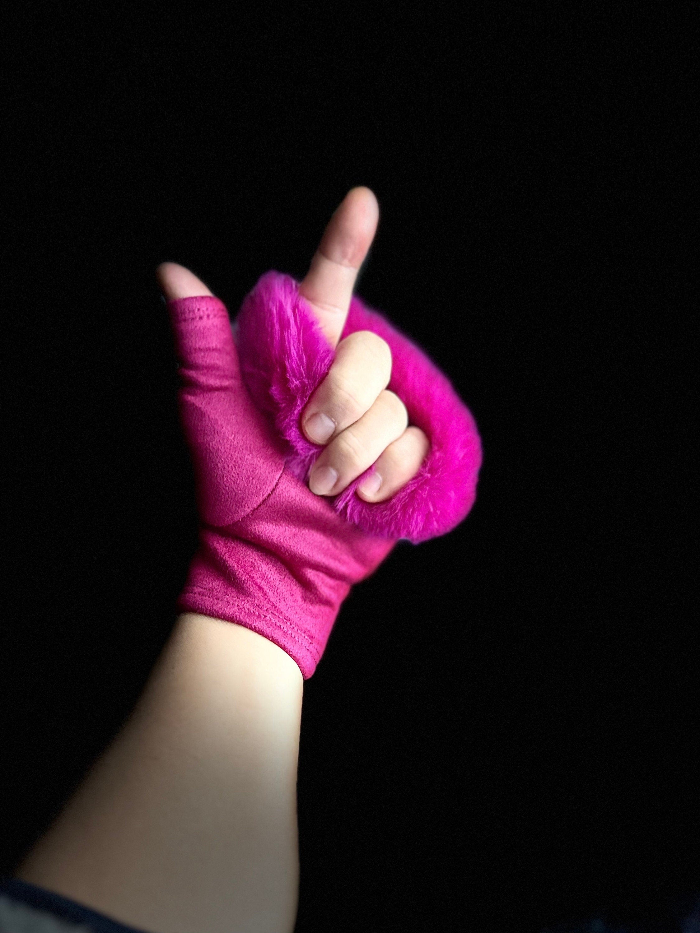 Fuchsia Pink Suede Fingerless Gloves with Faux Fur details