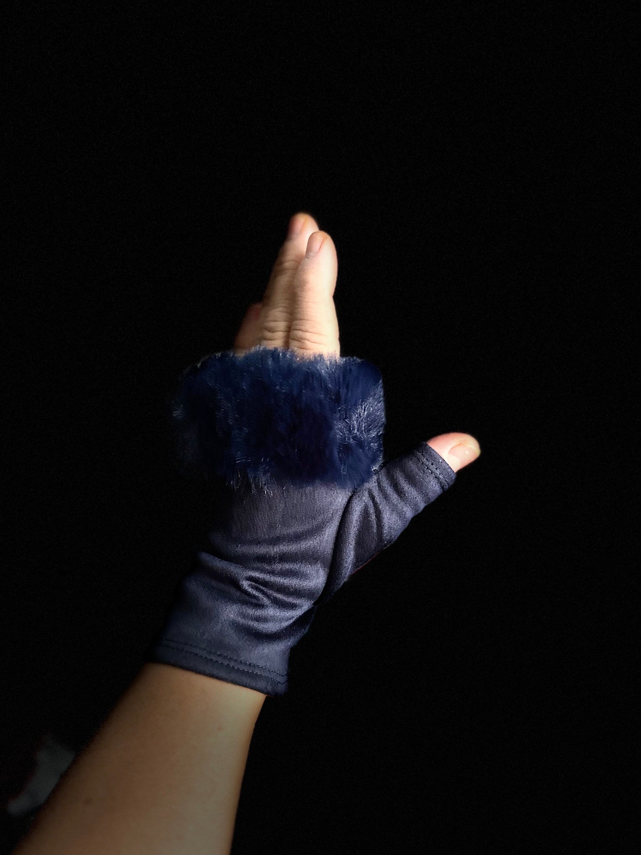 Navy Blue Suede Fingerless Gloves with Faux Fur