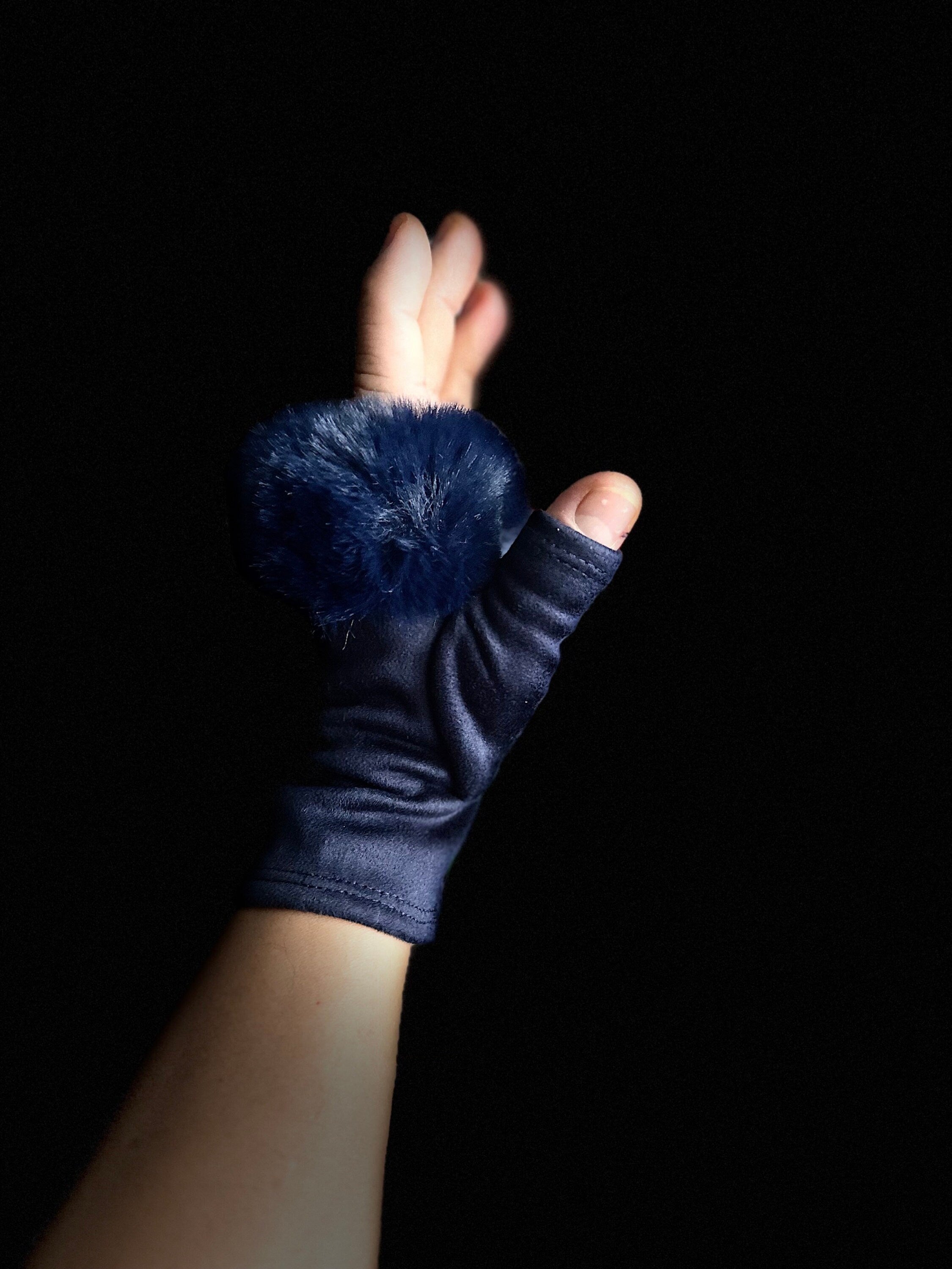 Navy Blue Suede Fingerless Gloves with Faux Fur