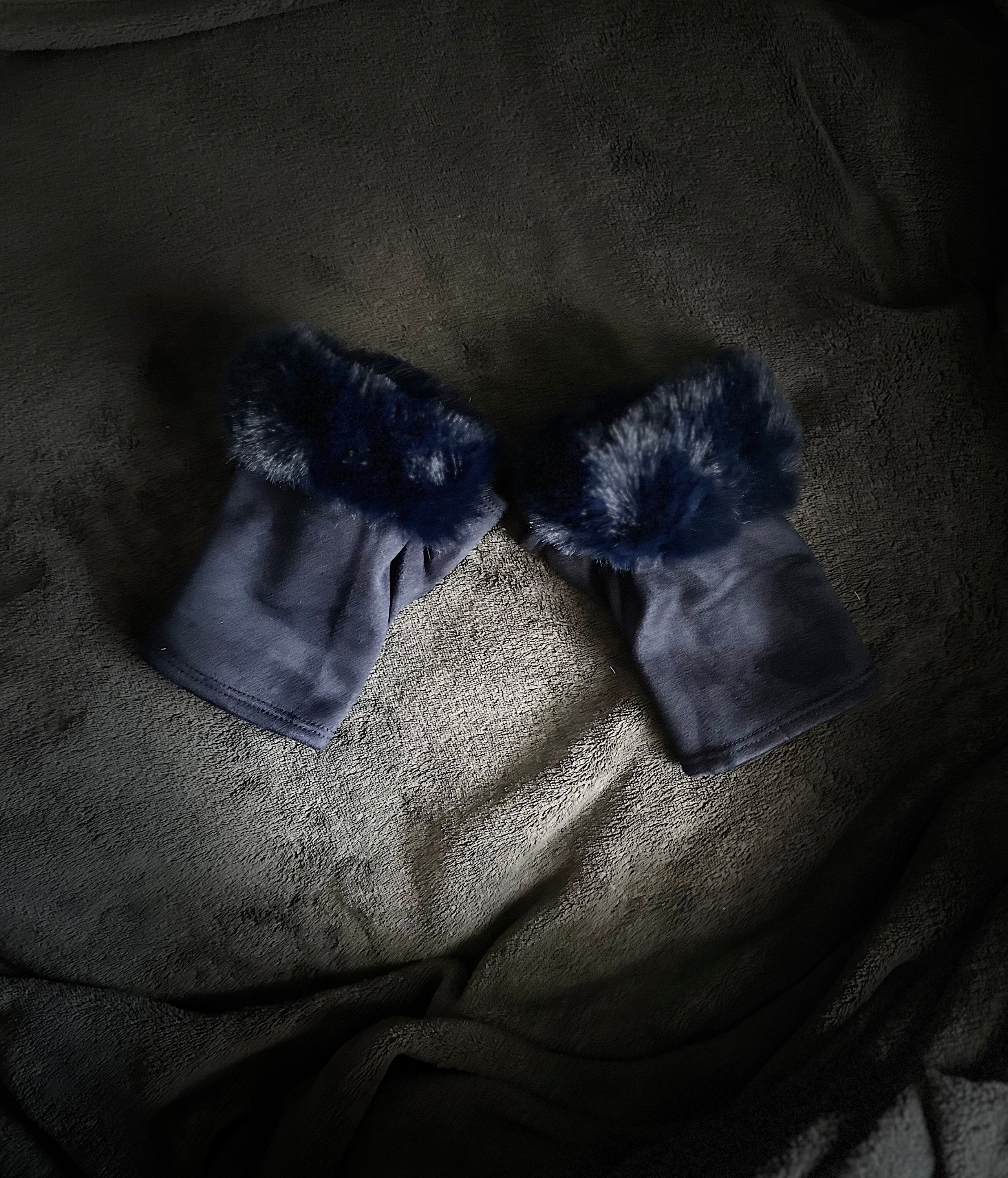 Navy Blue Suede Fingerless Gloves with Faux Fur