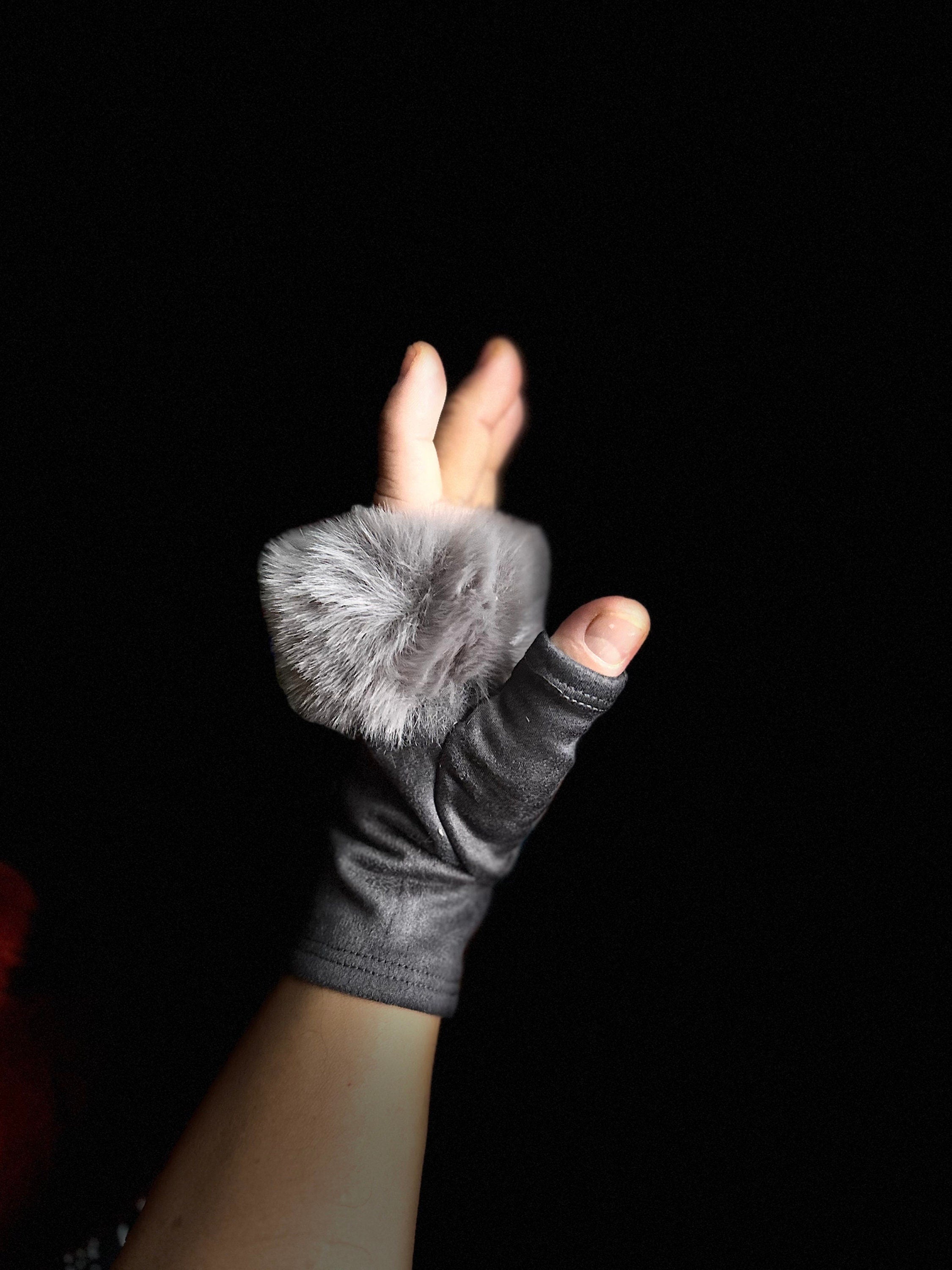 Grey Suede Fingerless Gloves with Faux Fur details,Winter Gloves