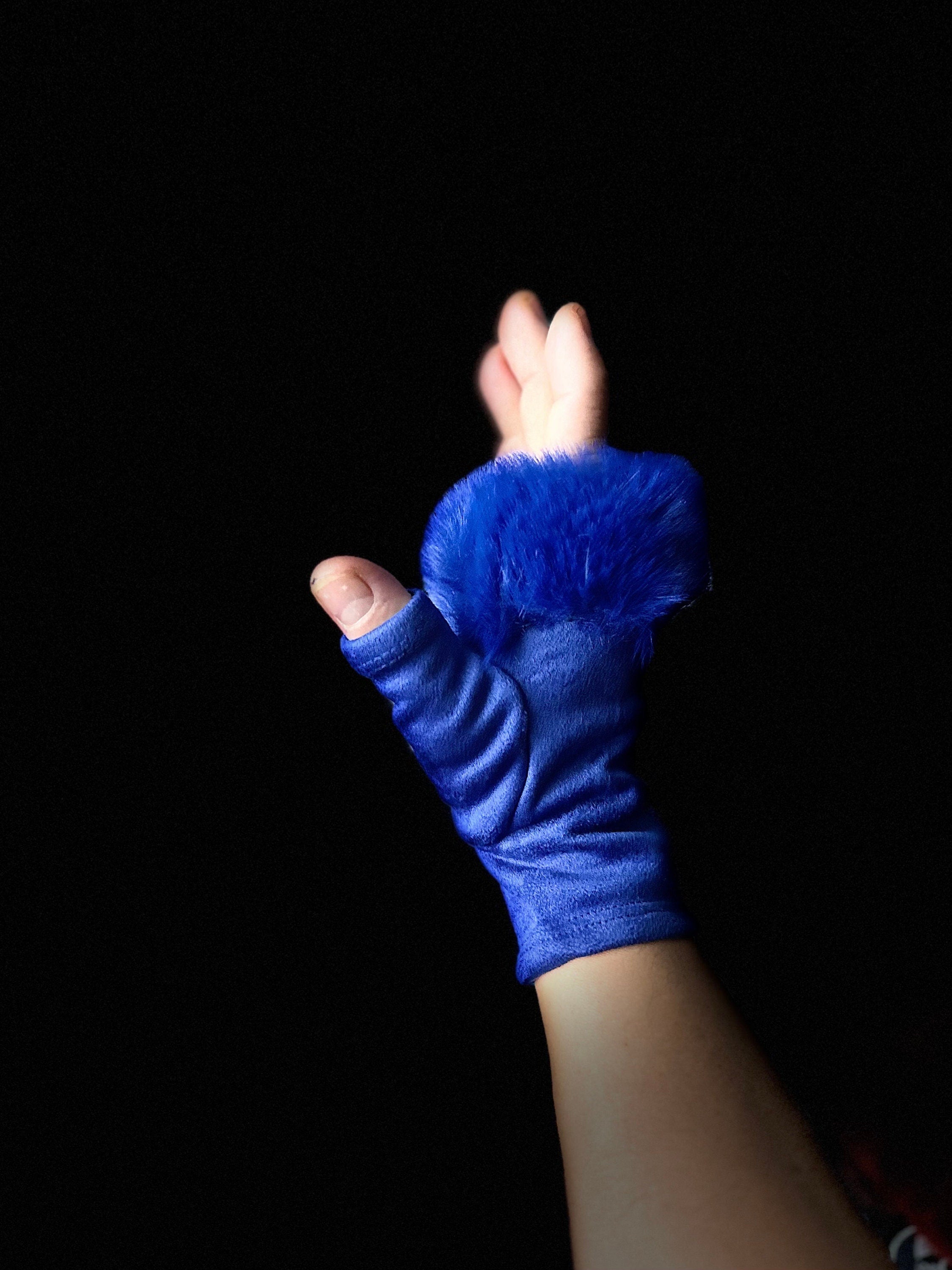 Blue Suede Fingerless Gloves with Faux Fur details