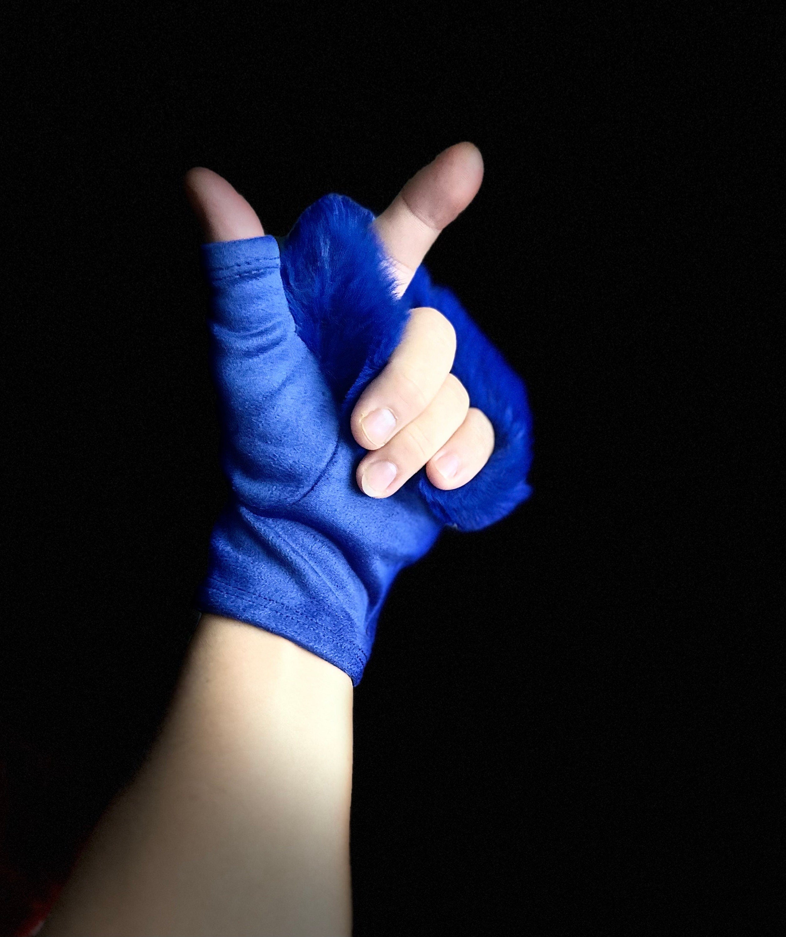 Blue Suede Fingerless Gloves with Faux Fur details