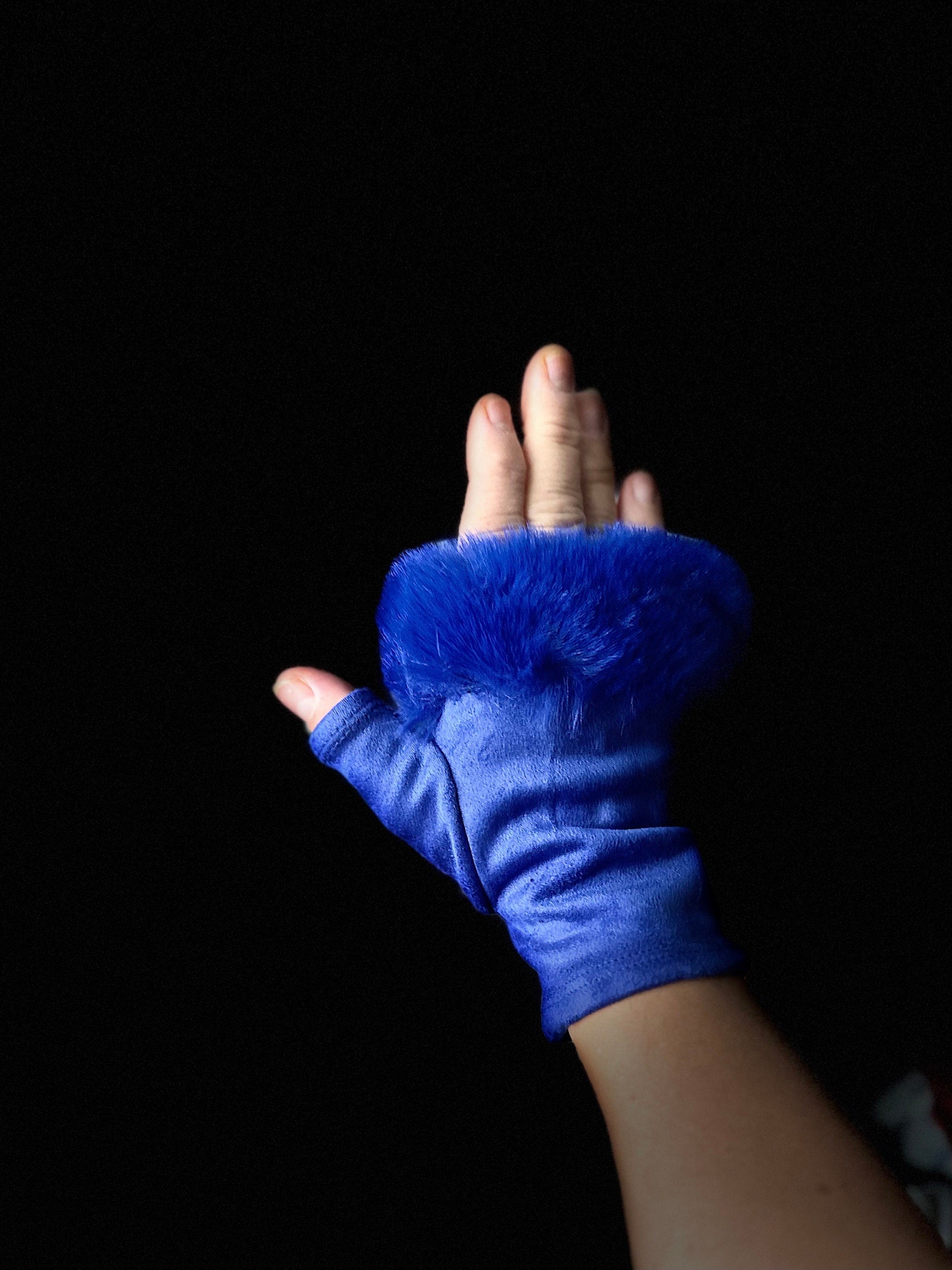 Blue Suede Fingerless Gloves with Faux Fur details