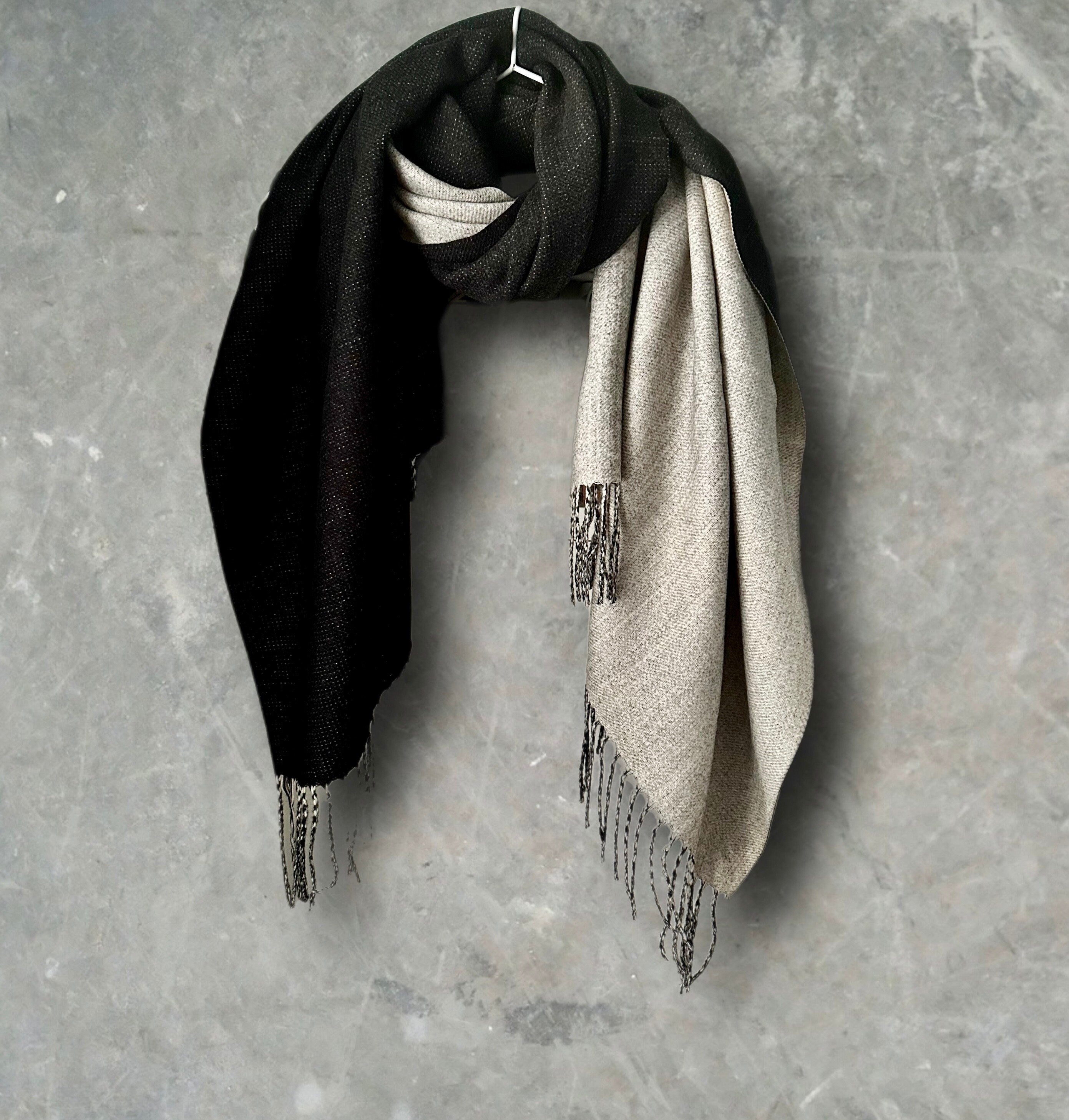 Two-Toned Black Grey Double-Sided Cashmere Scarf,Unisex Winter Scarf