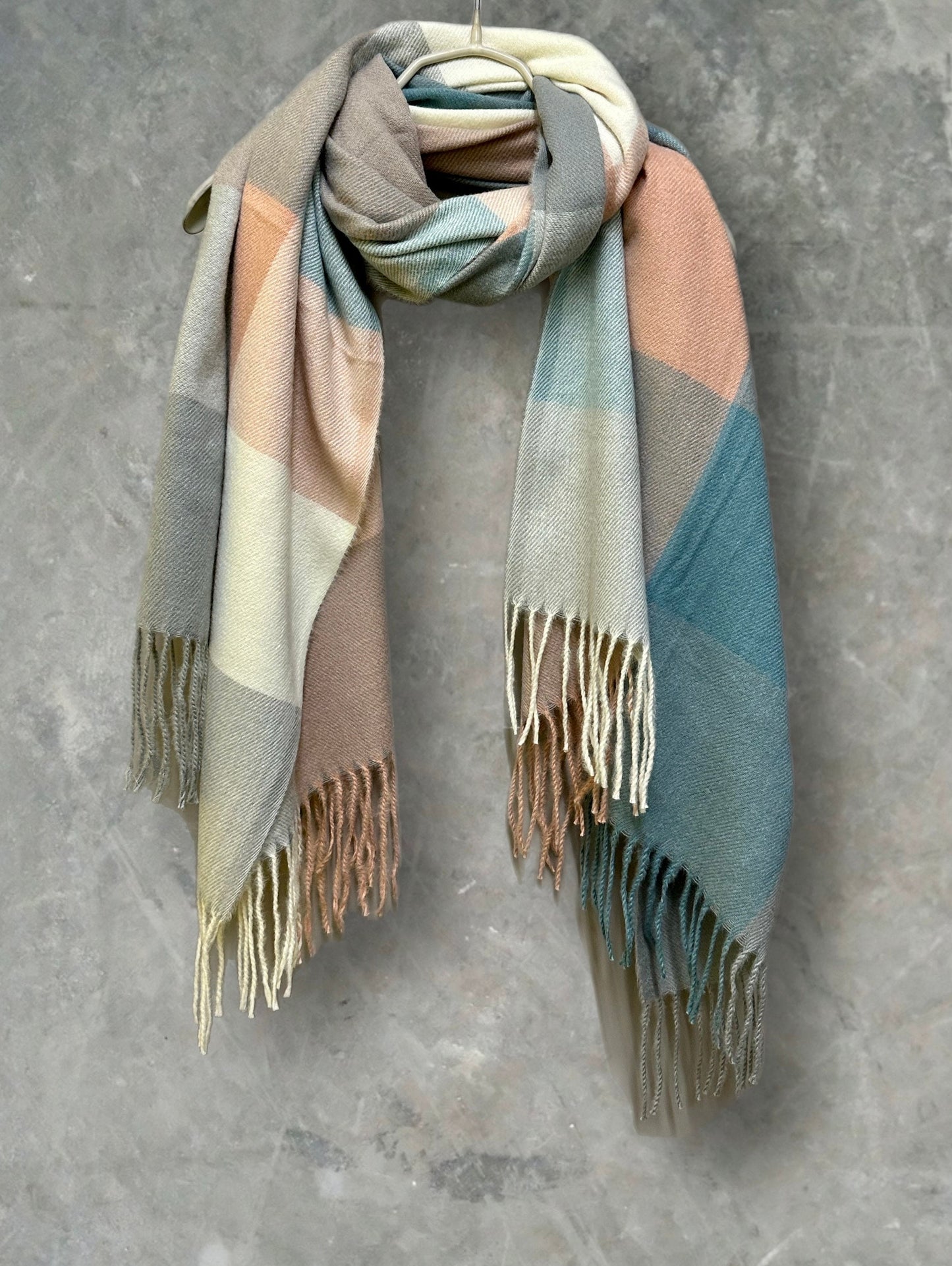 Teal Blue,Beige Cashmere Blend Scarf in Block Pattern/Autumn Winter Scarf/Scarf for Women/Gifts For Mom/Gifts For Her,Birthday,Christmas