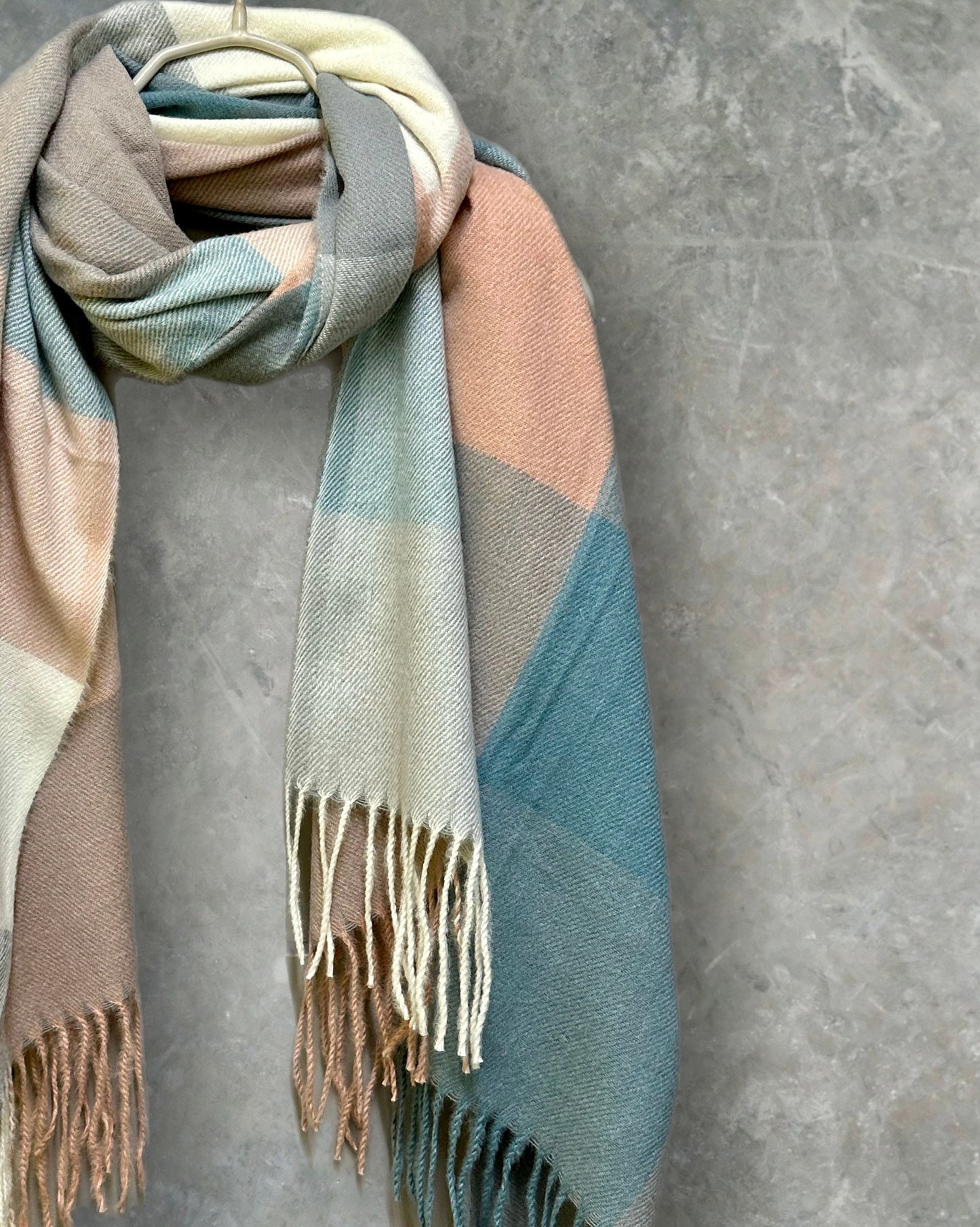 Teal Blue,Beige Cashmere Blend Scarf in Block Pattern/Autumn Winter Scarf/Scarf for Women/Gifts For Mom/Gifts For Her,Birthday,Christmas