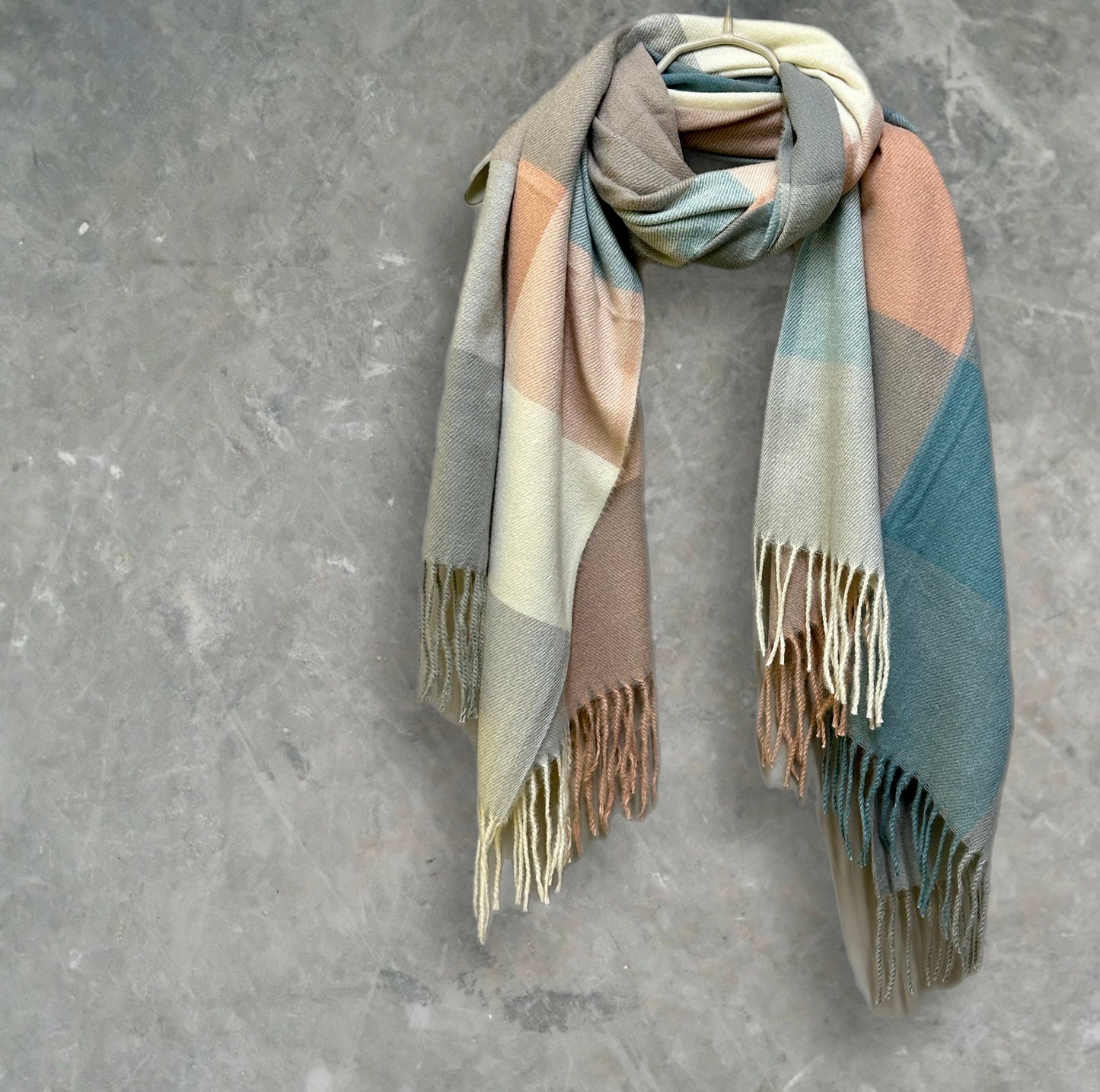 Teal Blue,Beige Cashmere Blend Scarf in Block Pattern/Autumn Winter Scarf/Scarf for Women/Gifts For Mom/Gifts For Her,Birthday,Christmas
