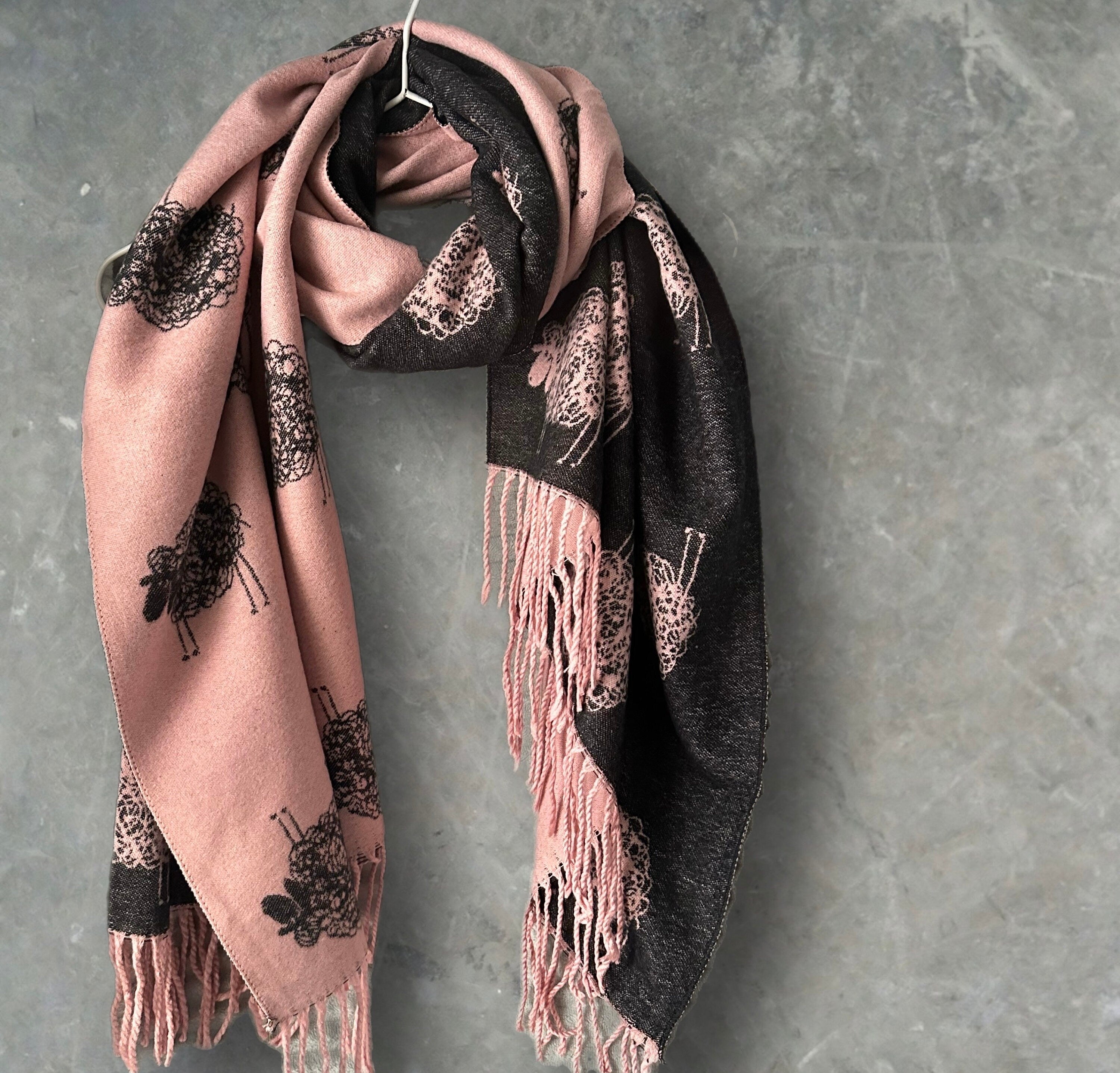 Pink and Black Double-sided Cashmere Scarf featuring Sheep Pattern