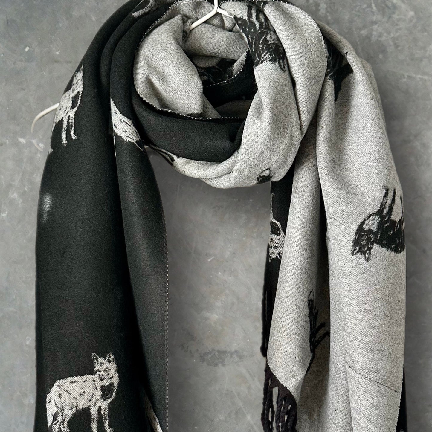 Fox’s Scarf in Black and Grey Double-sided Cashmere Scarf,Winter Scarf,Scarf Women,Gift for Mom,Her,Gifts for Birthday,Christmas.