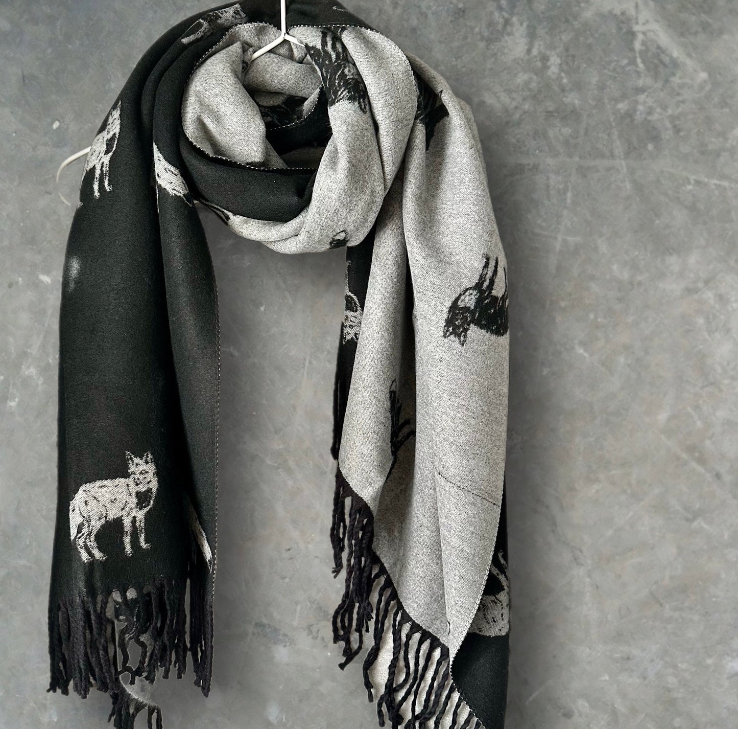 Fox’s Scarf in Black and Grey Double-sided Cashmere Scarf,Winter Scarf,Scarf Women,Gift for Mom,Her,Gifts for Birthday,Christmas.