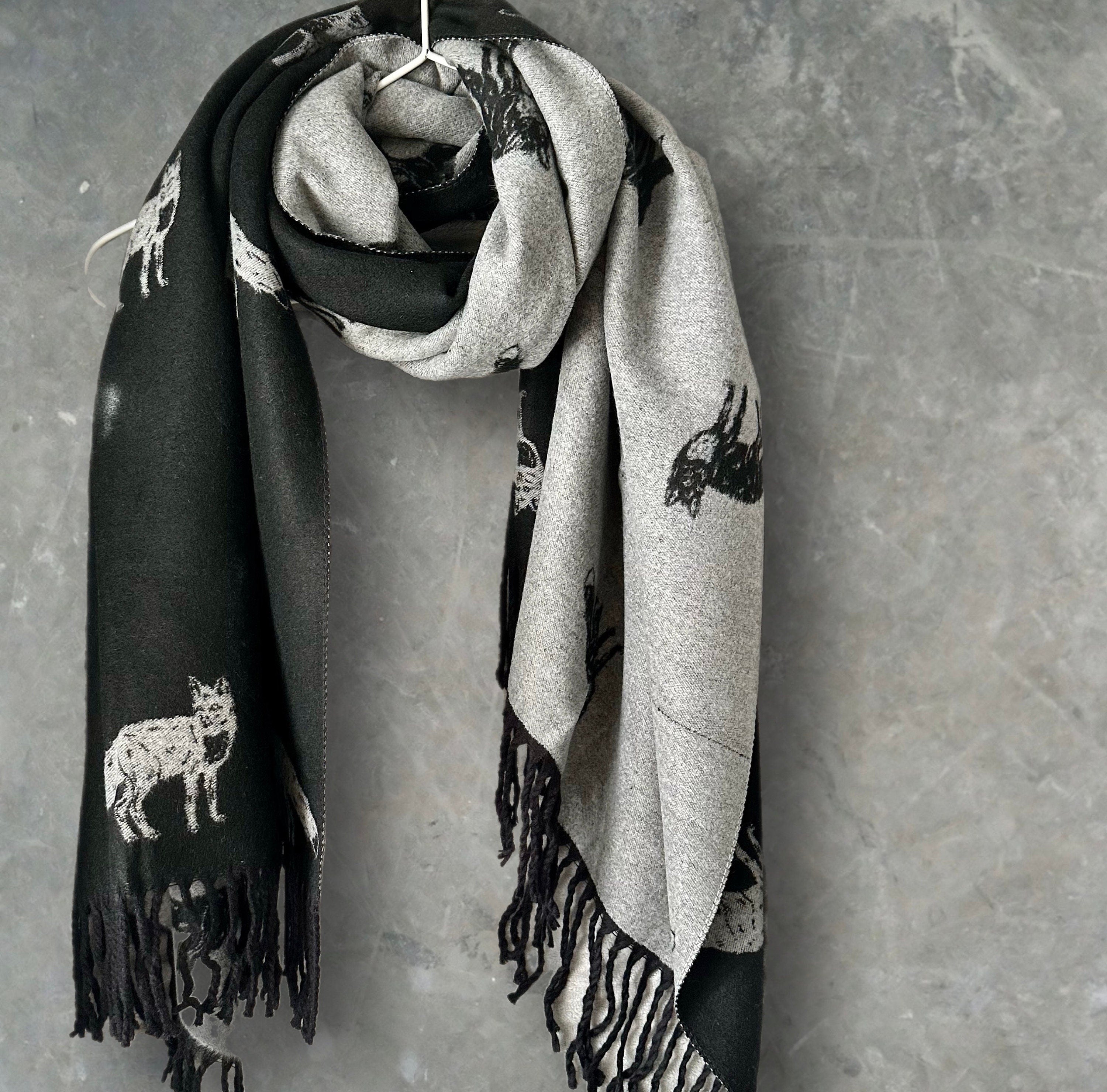 Fox’s Scarf in Black and Grey Double-sided Cashmere Blend Scarf For Winter