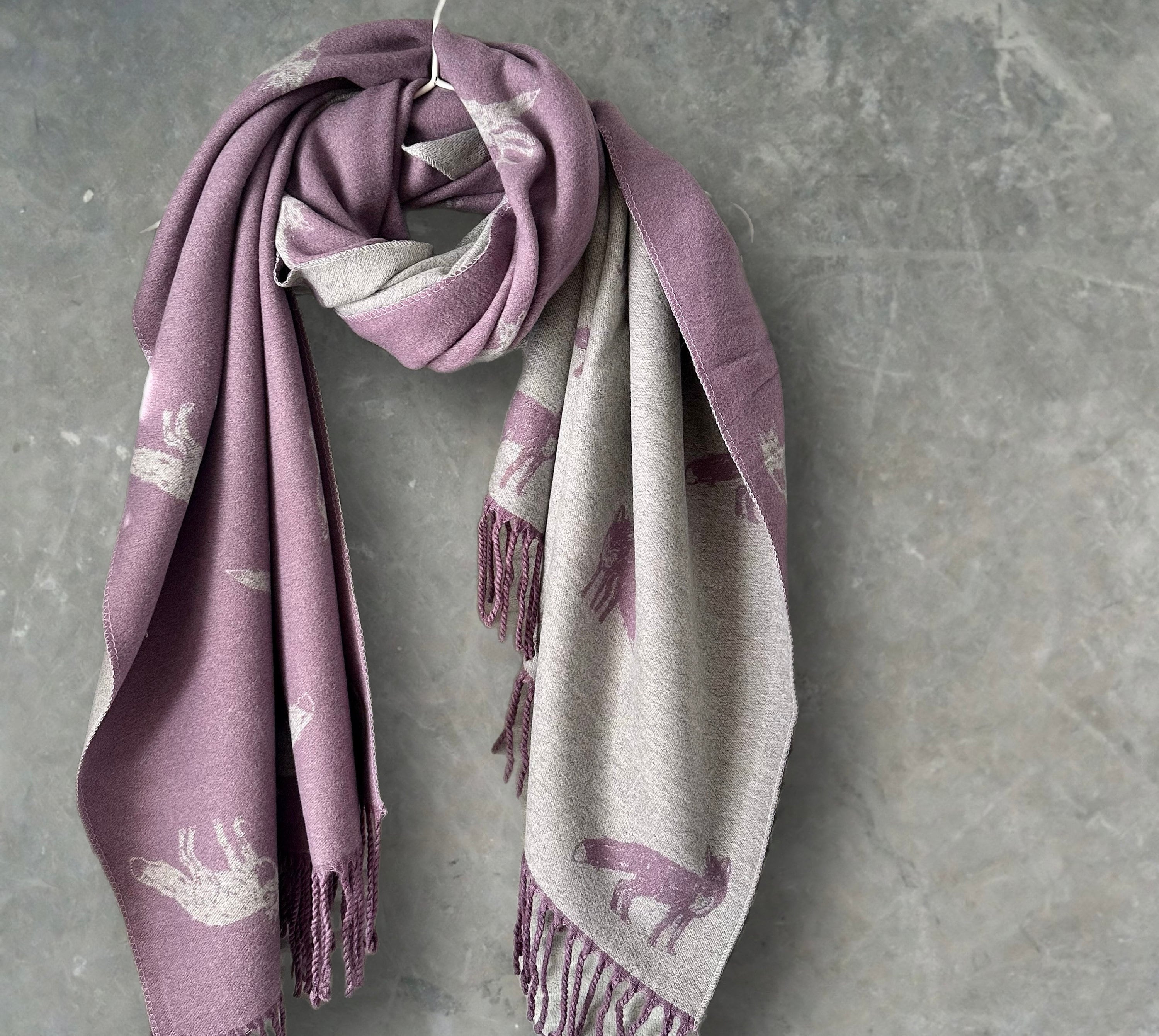 Light Purple and Grey Double-Sided Cashmere Fox Scarf.