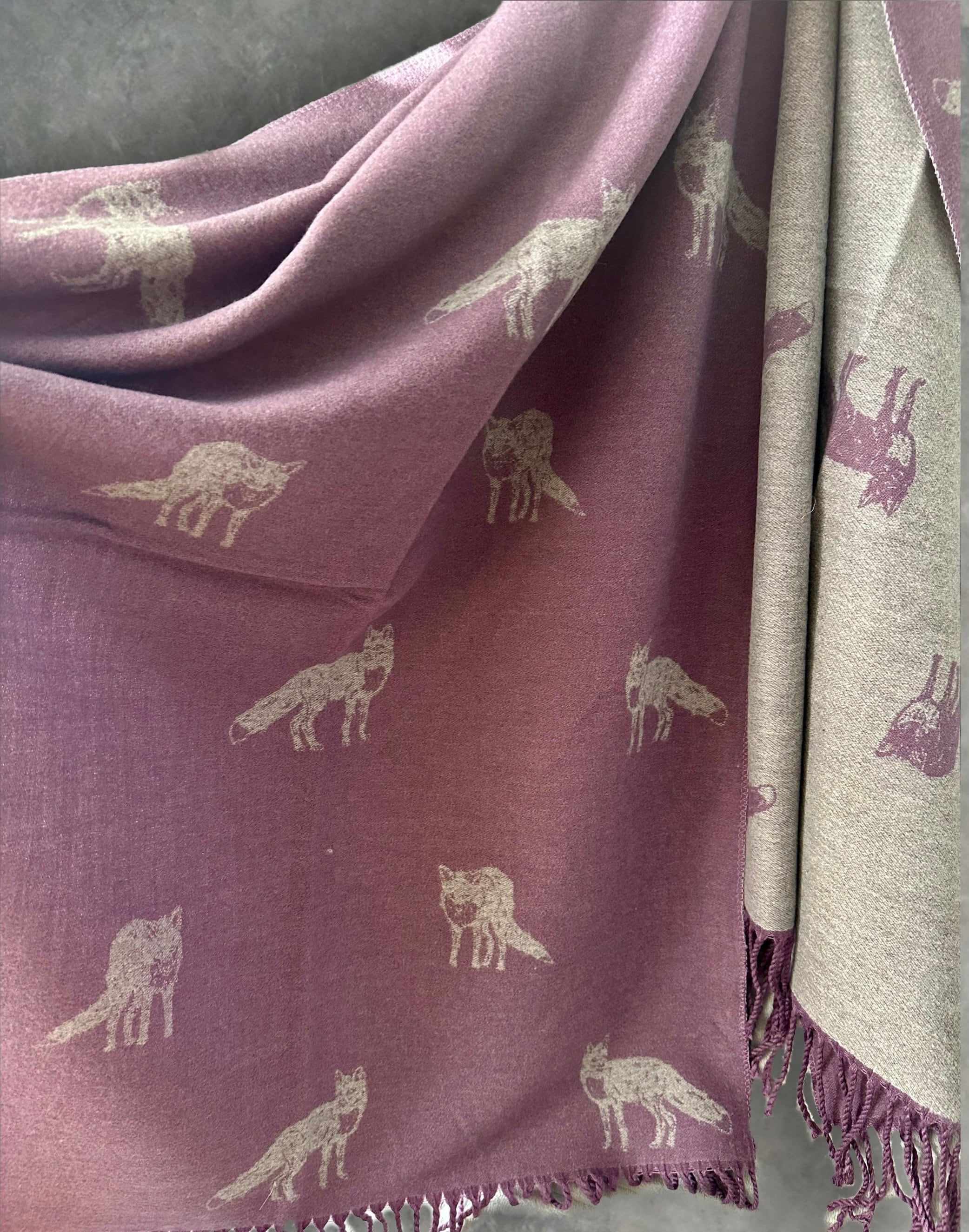 Light Purple and Grey Double-Sided Cashmere Fox Scarf.