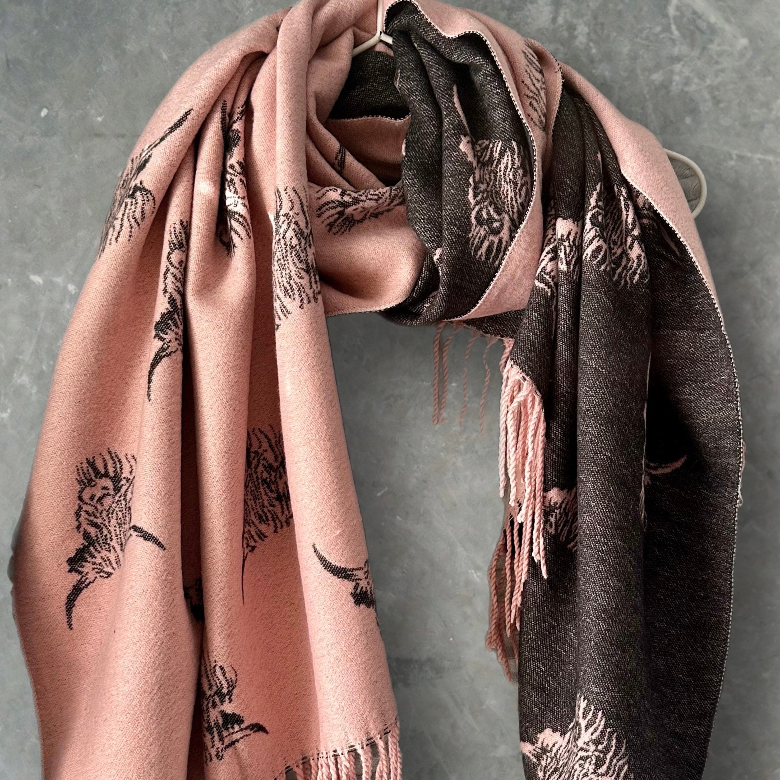 Highland Cattle Scarf in Pink and Black Double-sided Cashmere Blend Scarf